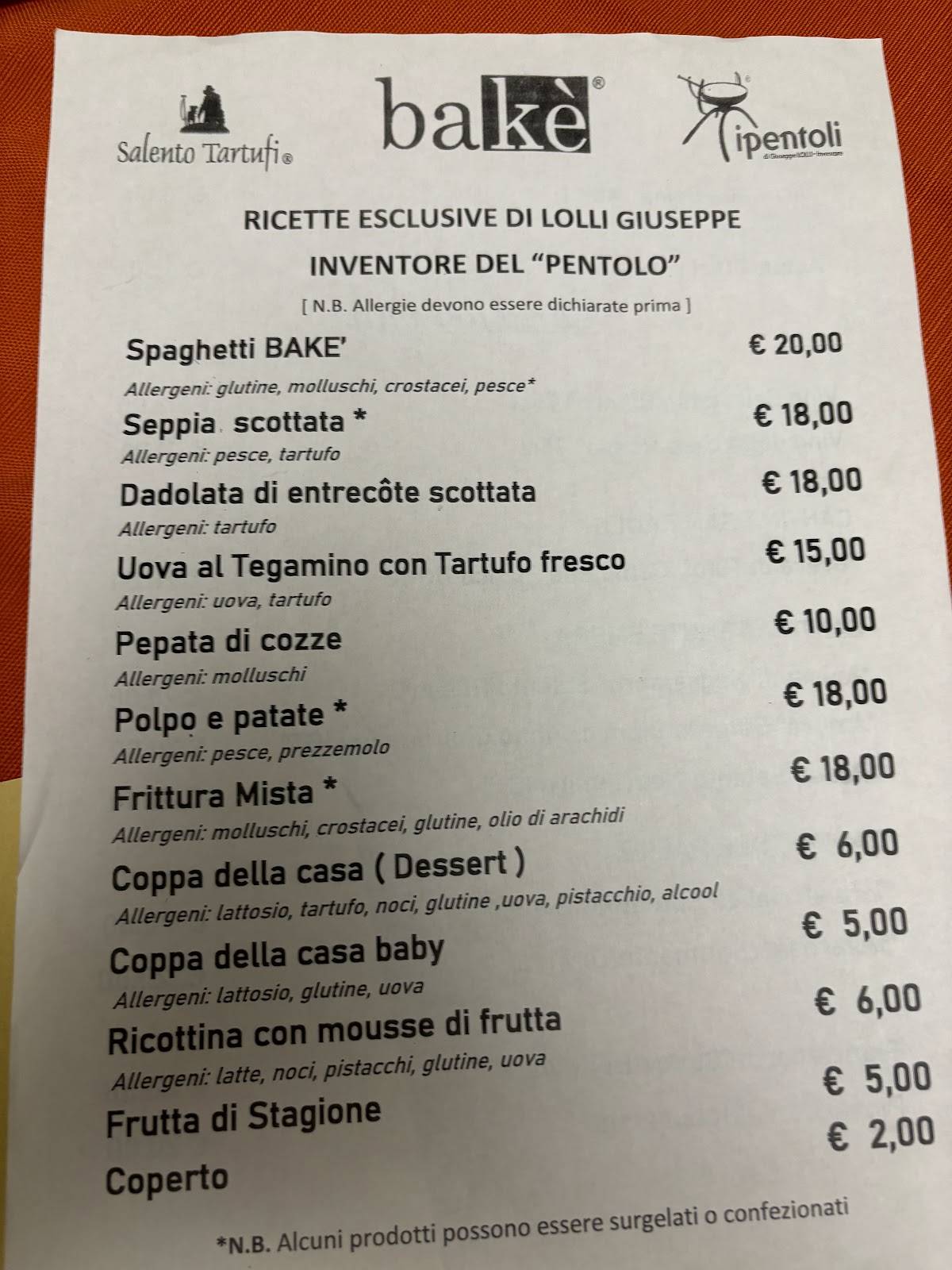 Menu di Ristorante Bake' 