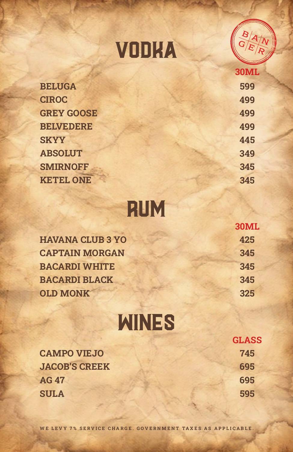 Banger Indore menu