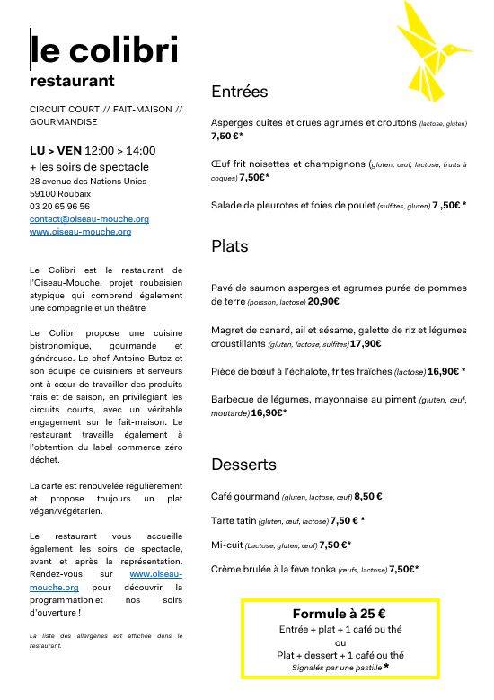 Menu de Le Colibri