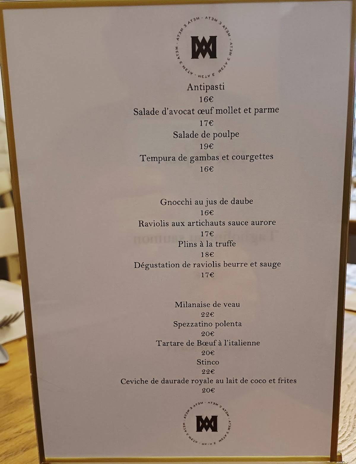 Menu de Restaurant Metà e Metà