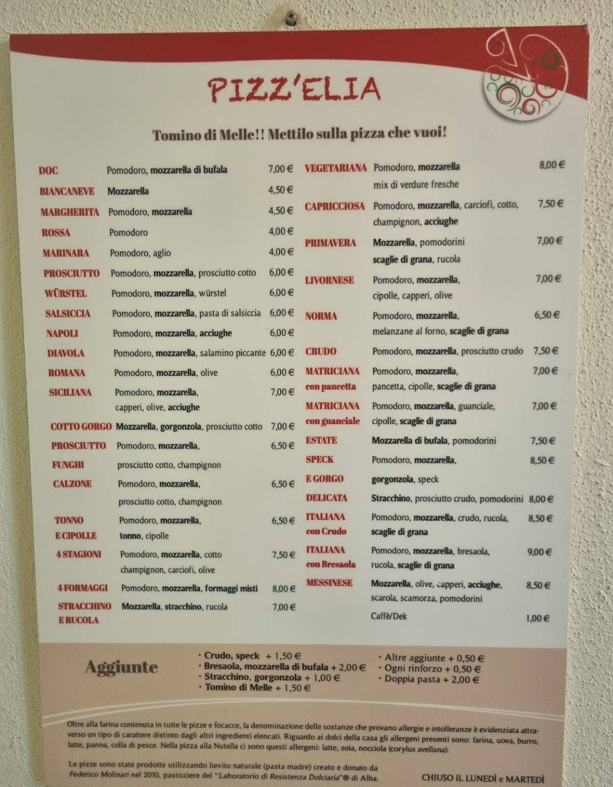 Menu di Pizz'elia 