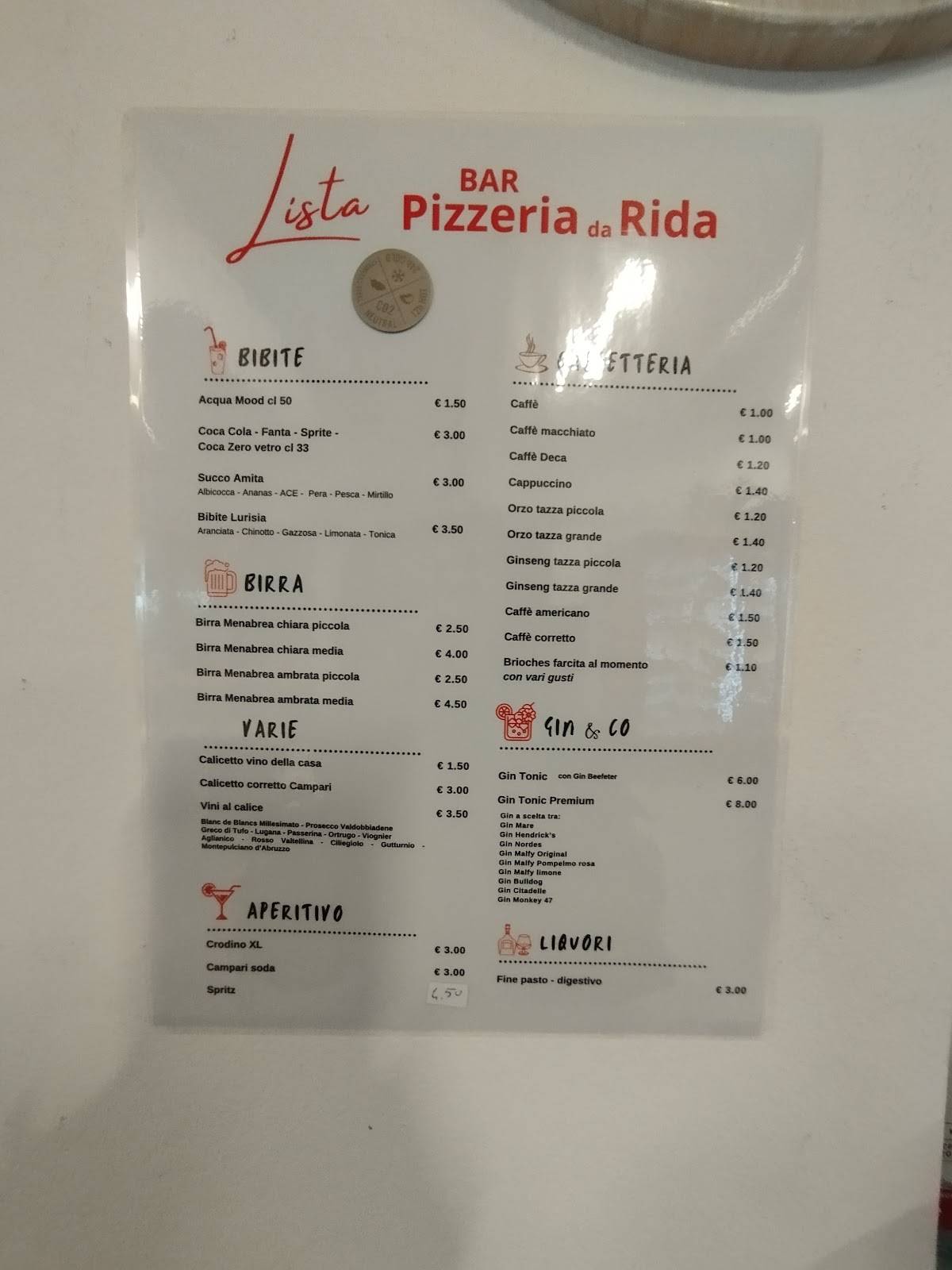Menu di Rida - Bar&Pizzeria 