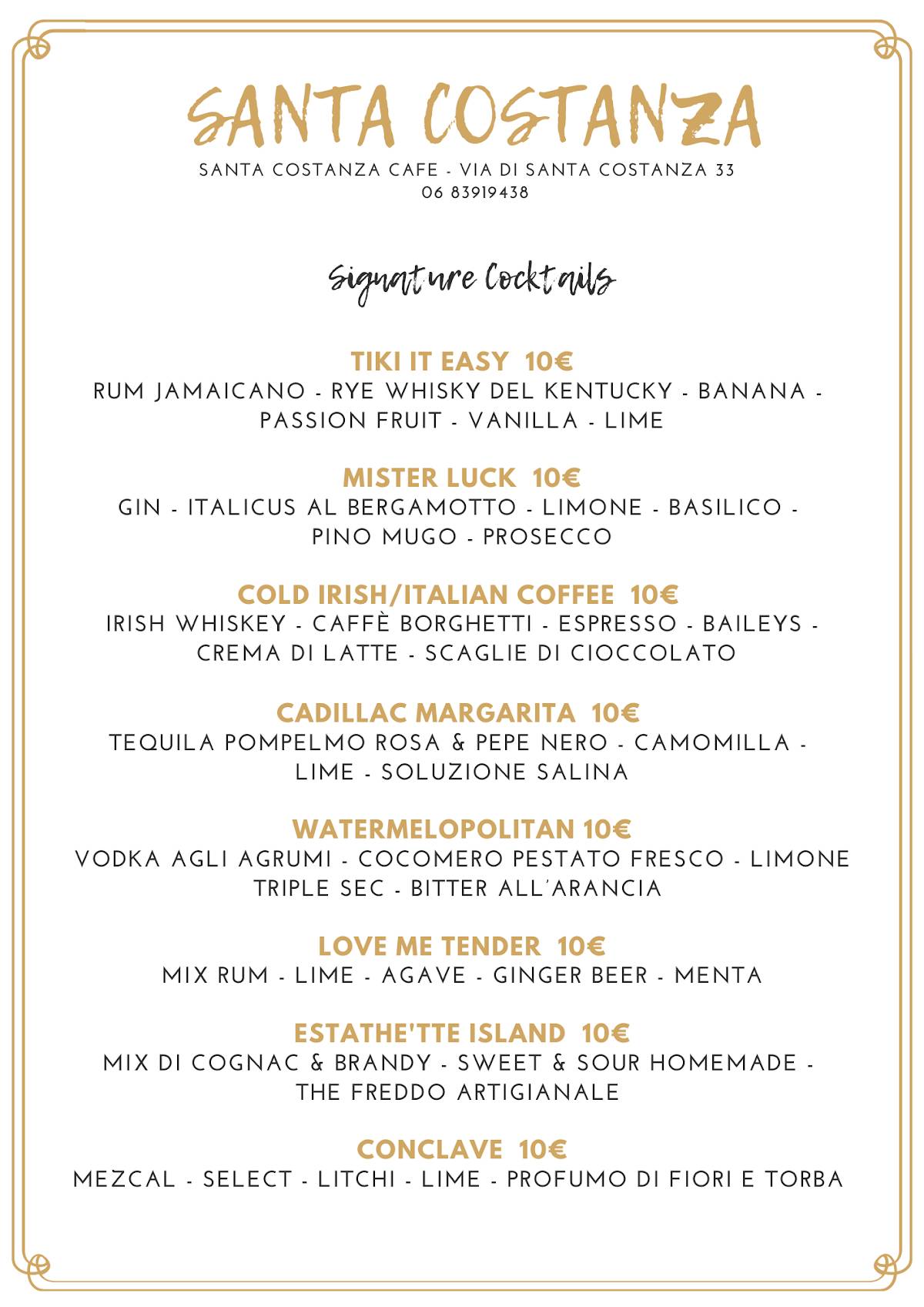 Menu di Santa Costanza Cafe 