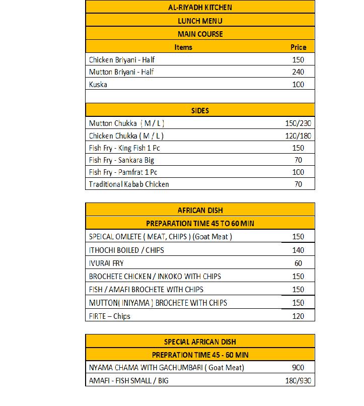 Al-Riyadh kitchen menu
