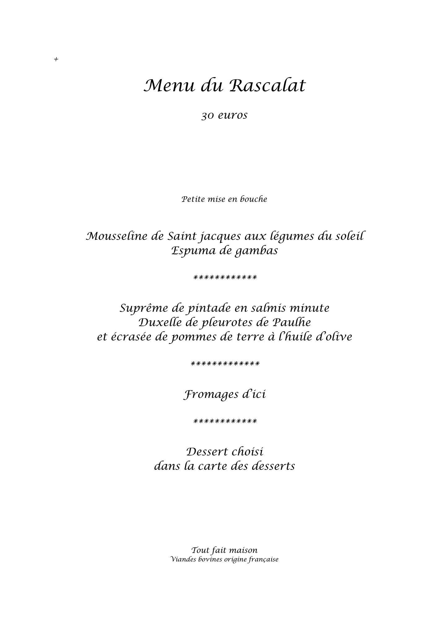 Menu de Auberge Le Rascalat