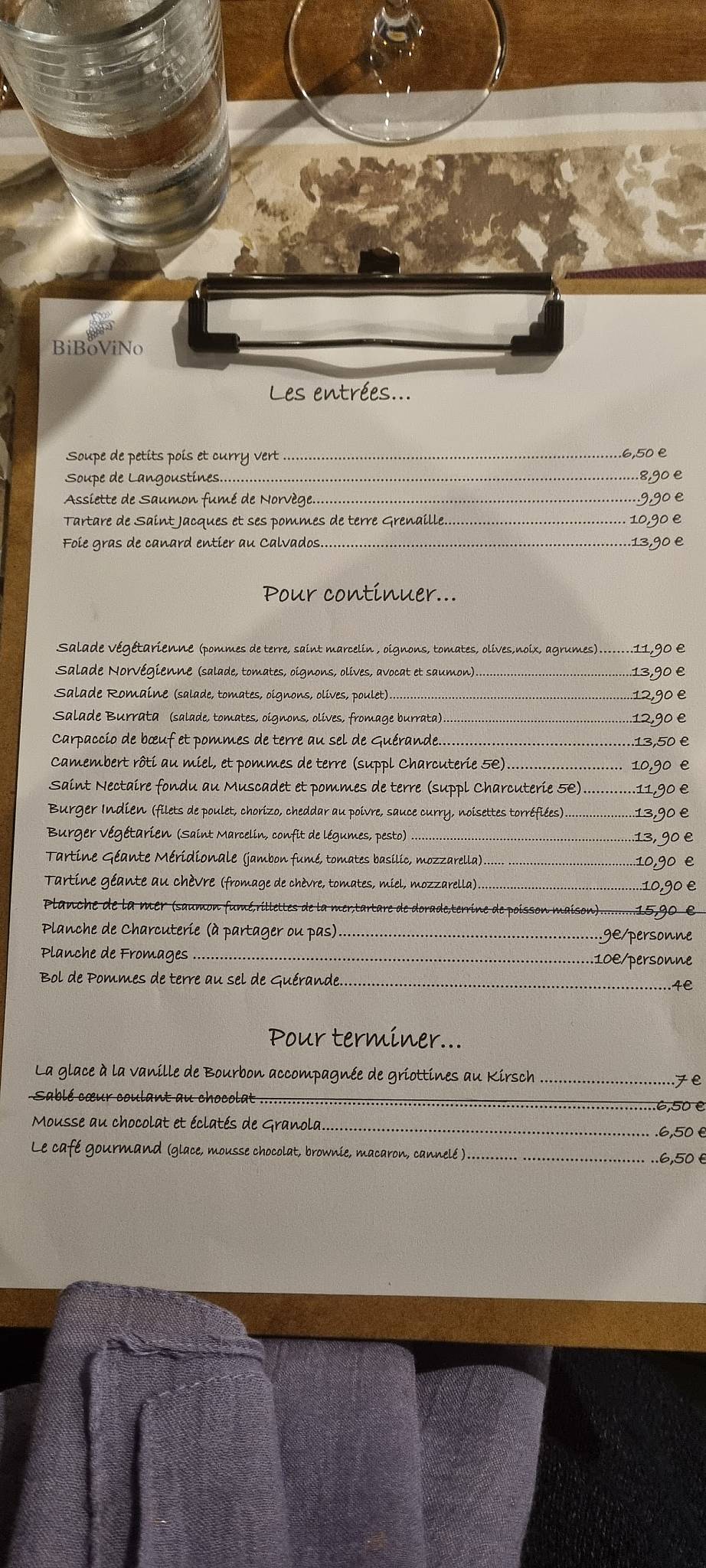 Menu de Le vin sur vingt