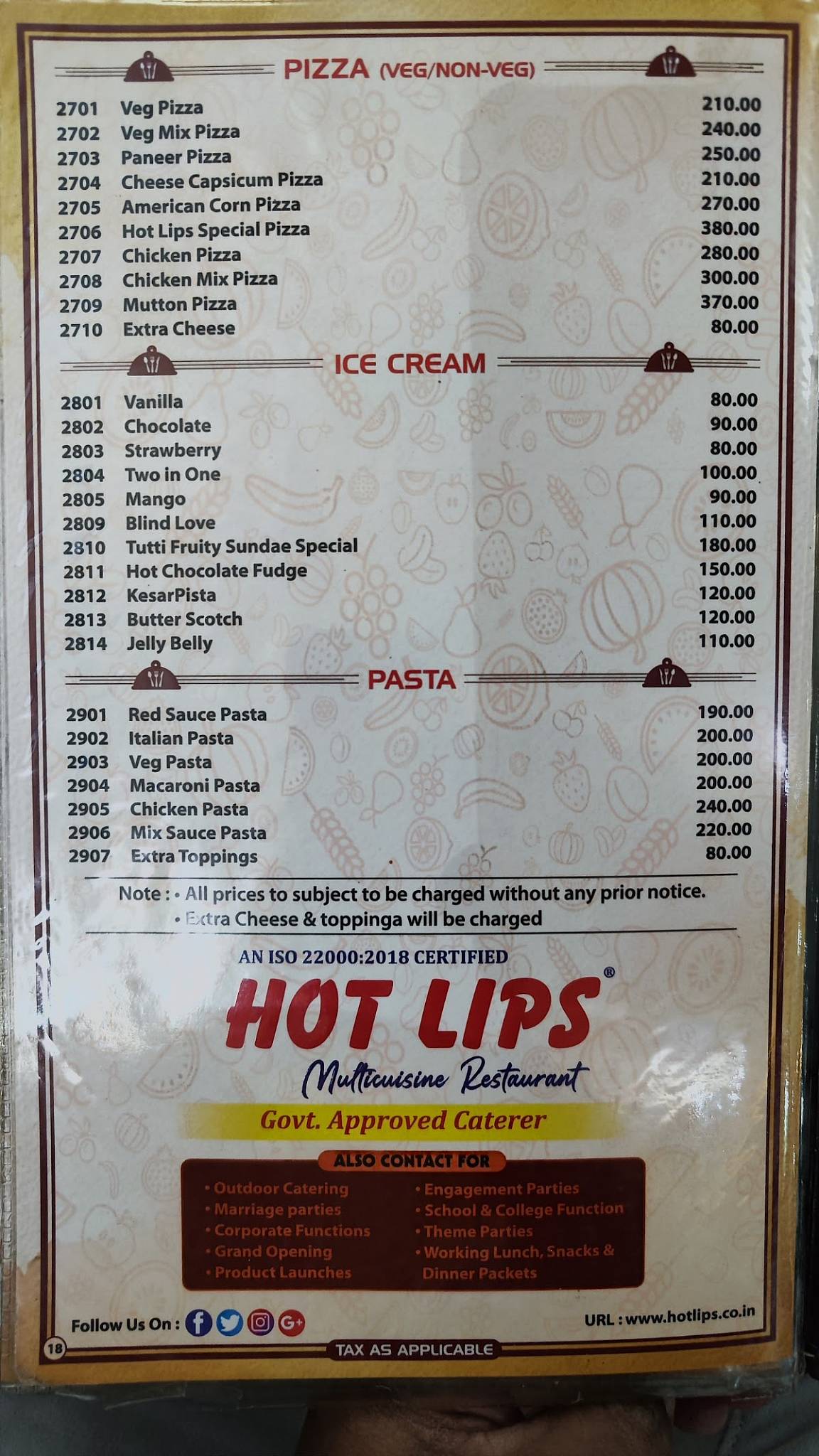 Hot Lips menu