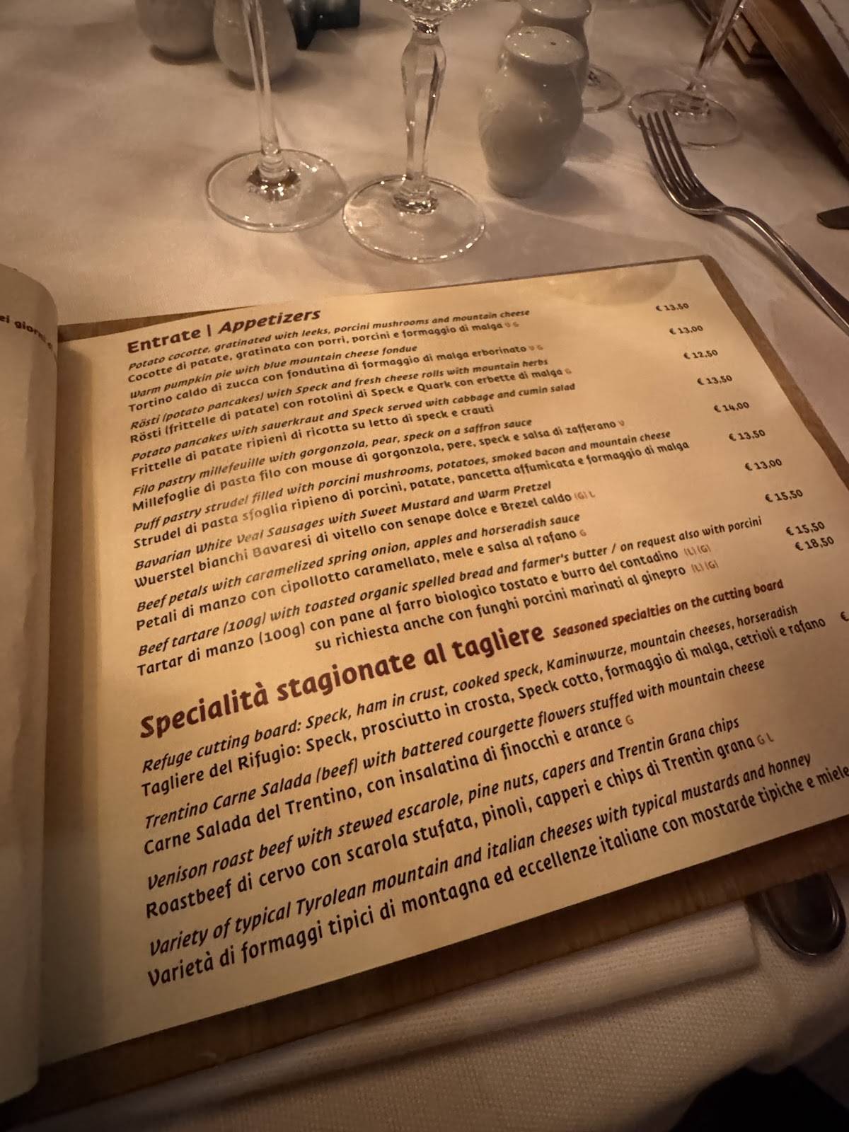 Menu di Ristorante Rifugio, Milano 