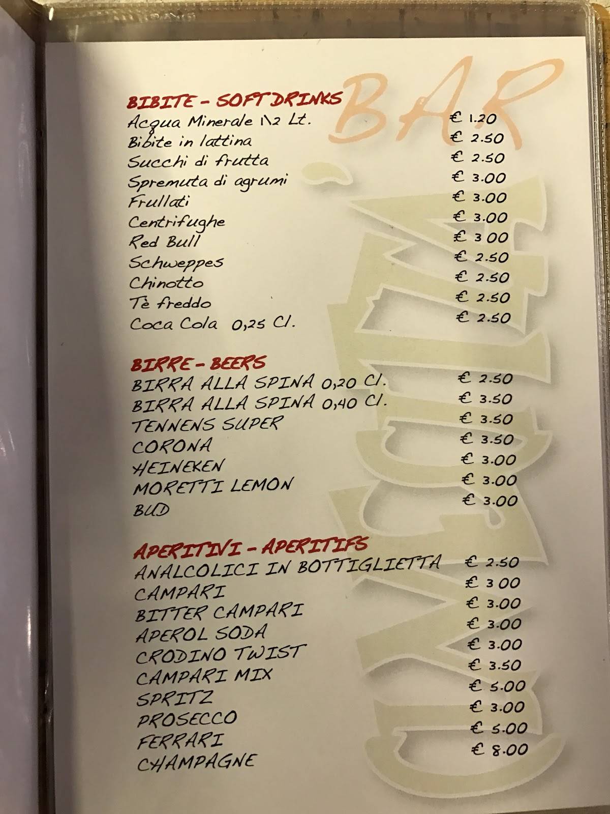Menu di Bar Cinecittà 