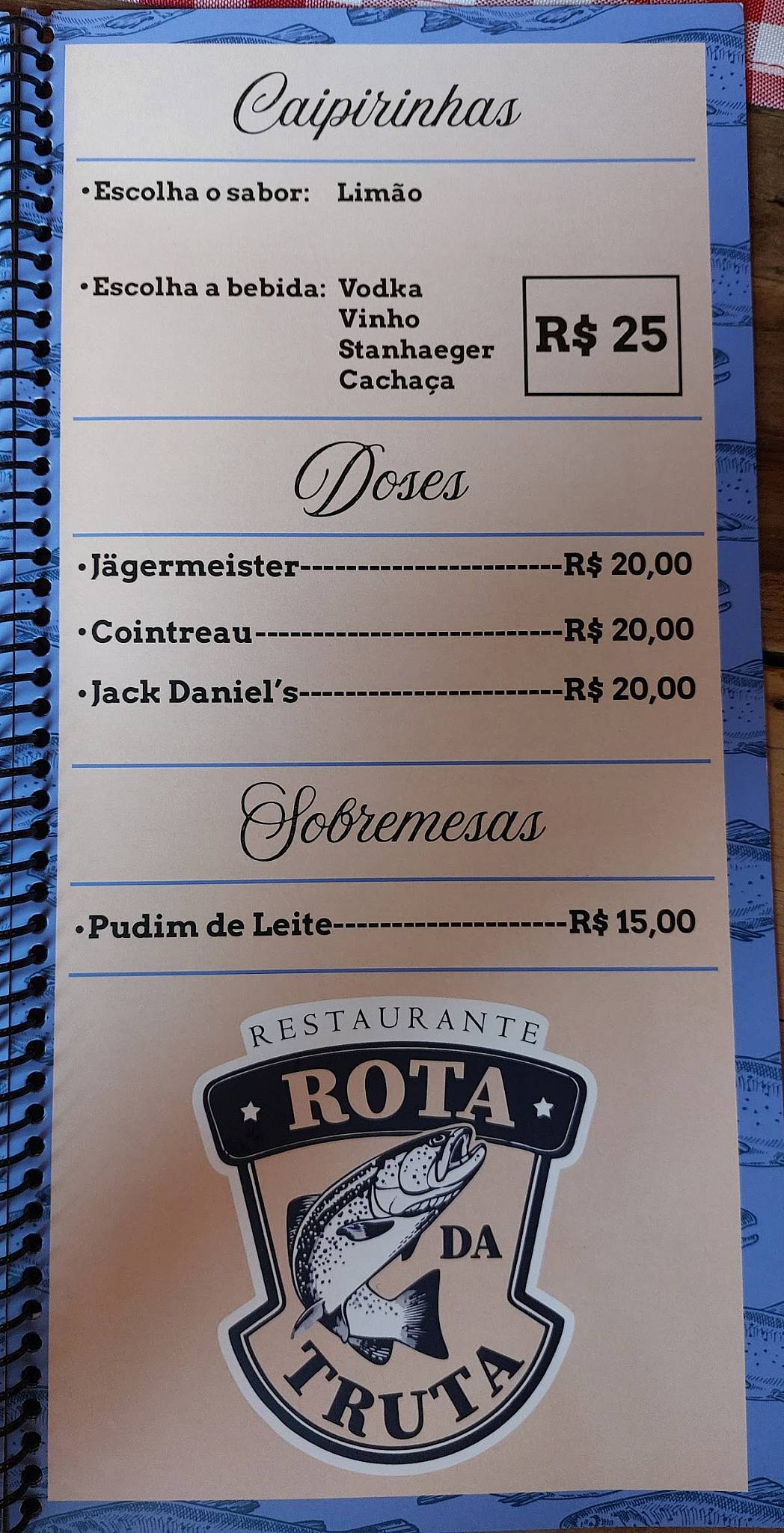 Rota da Truta cardápio