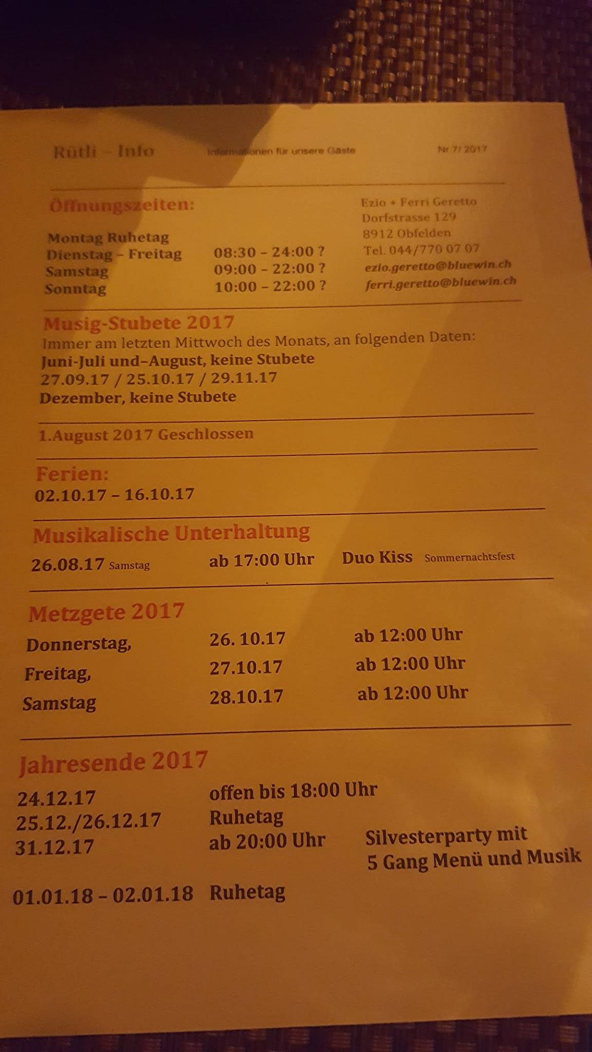 Menu di Rütli Restaurant 