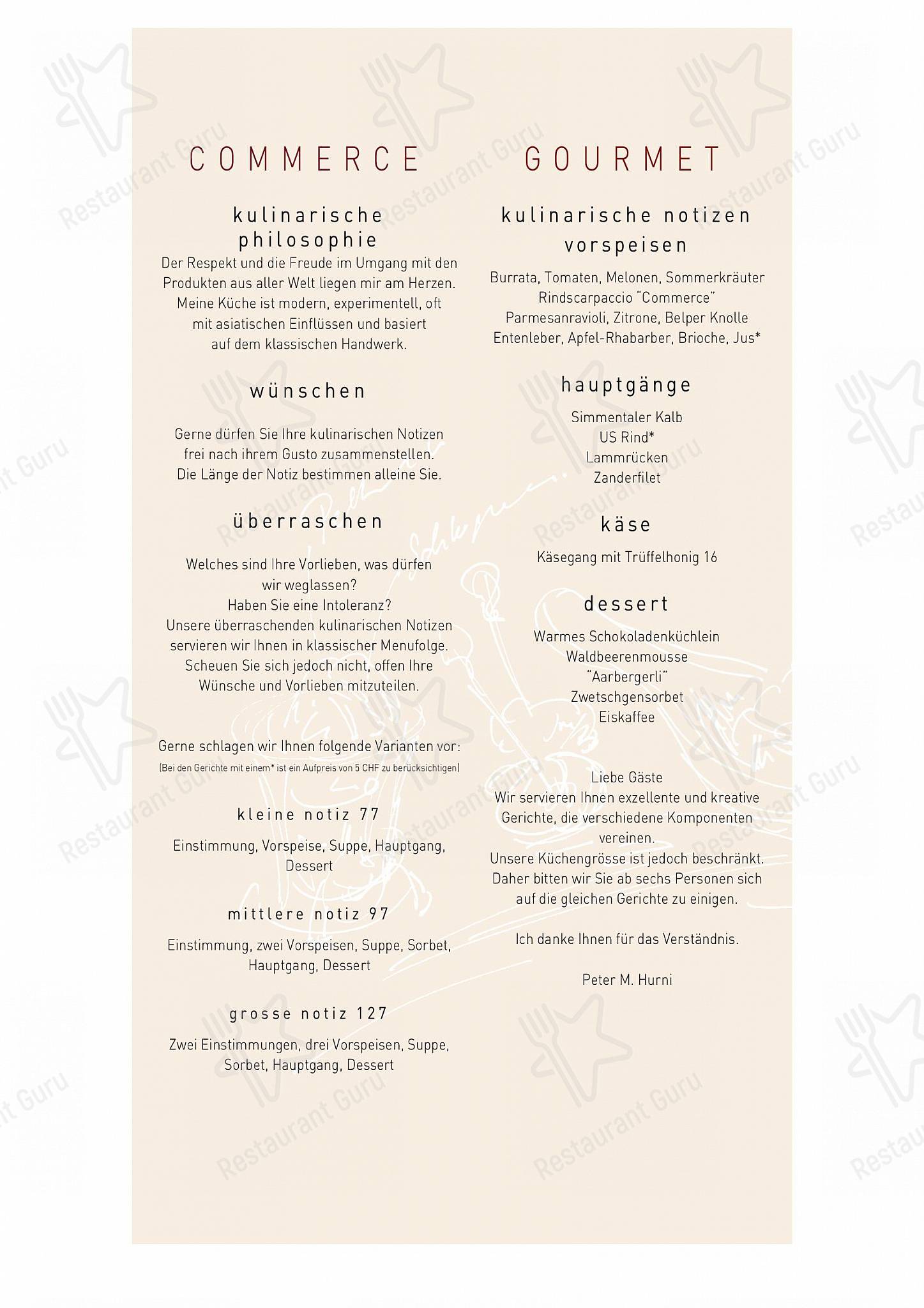 Dinner Menu per Commerce ristorante