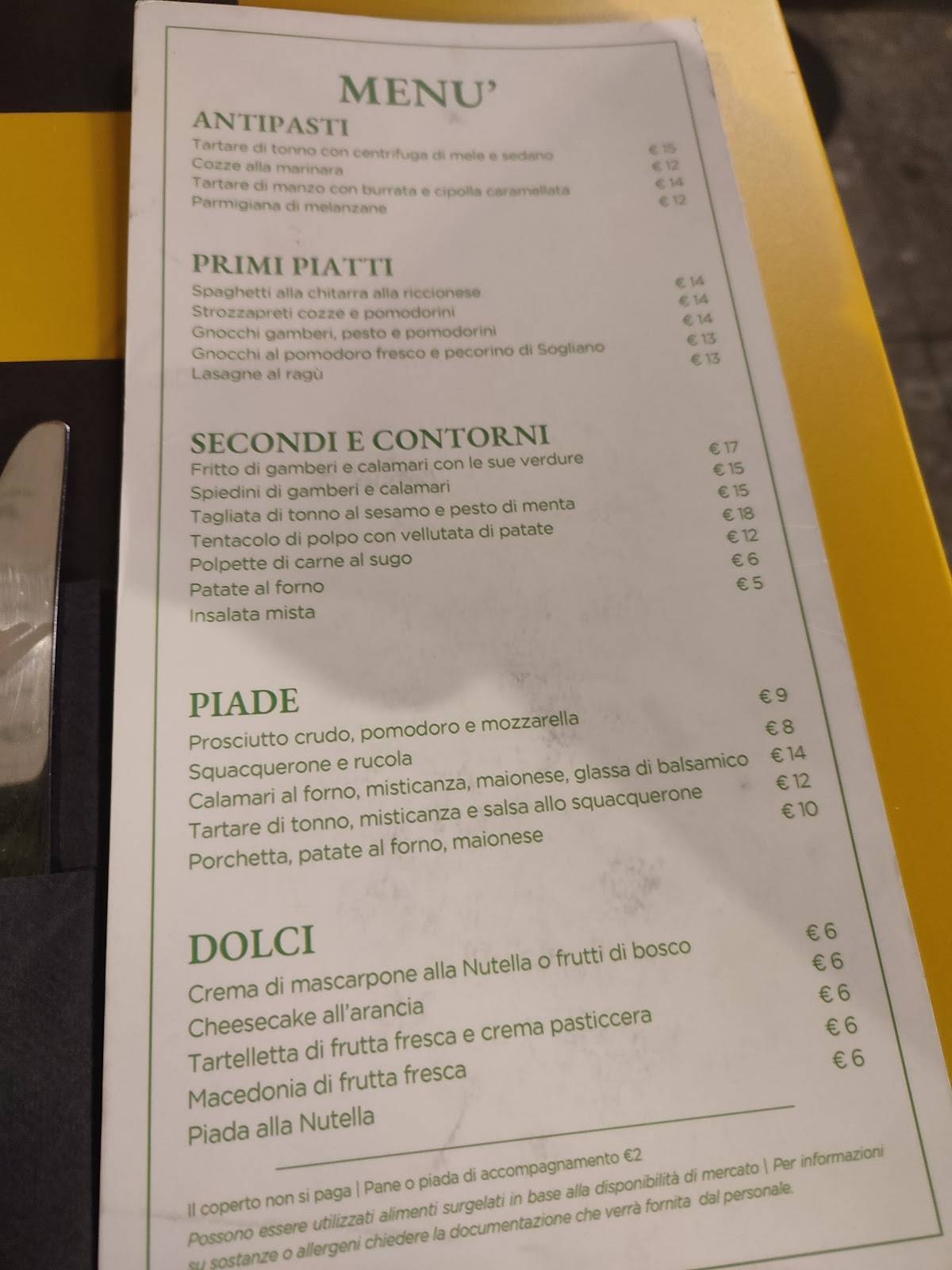 Menu di Cosmo Riccione 