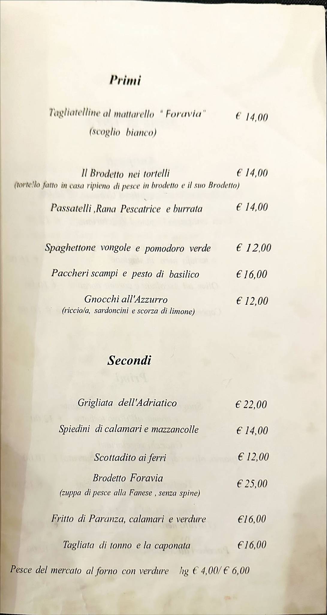 Menu di Foravia 