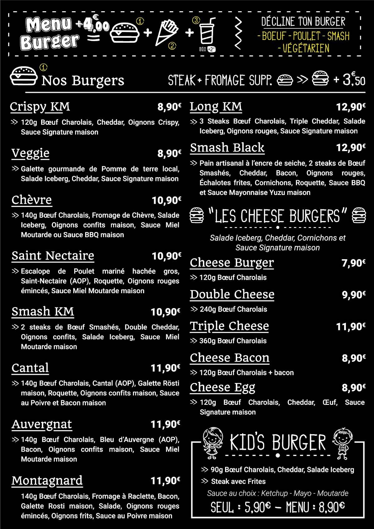 Menu de KM Burger Riom