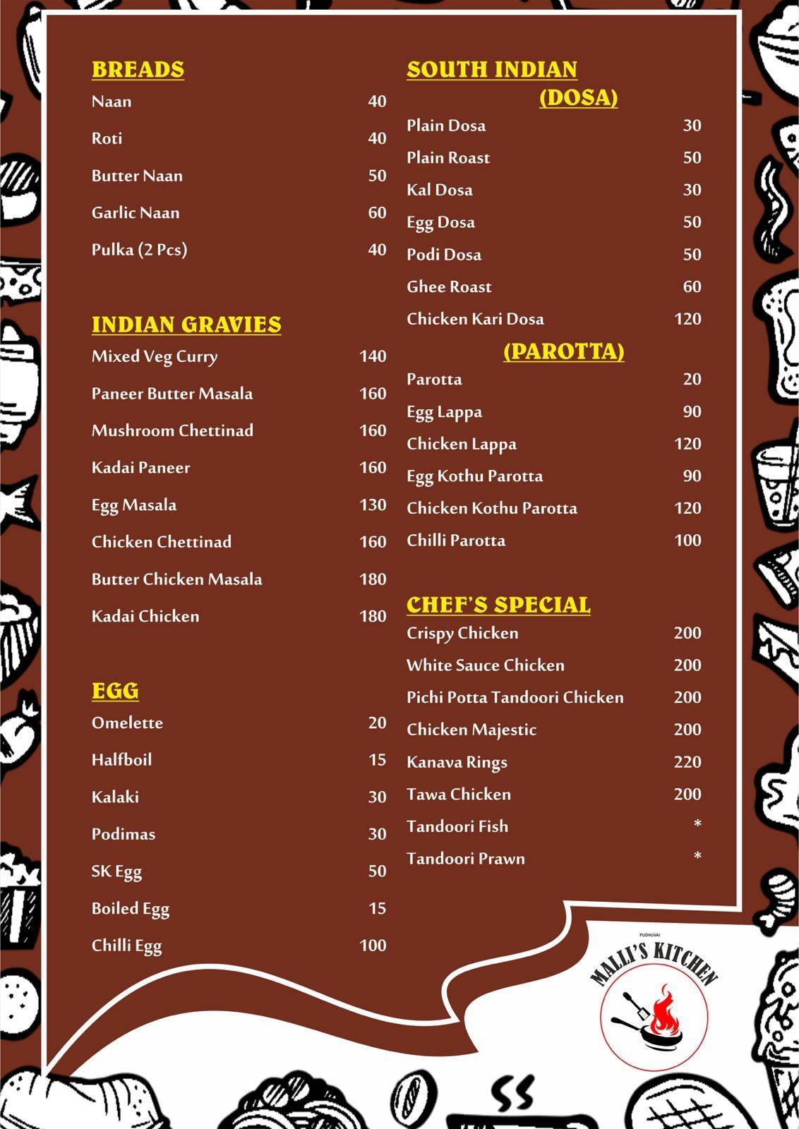 Malli's Kitchen menu