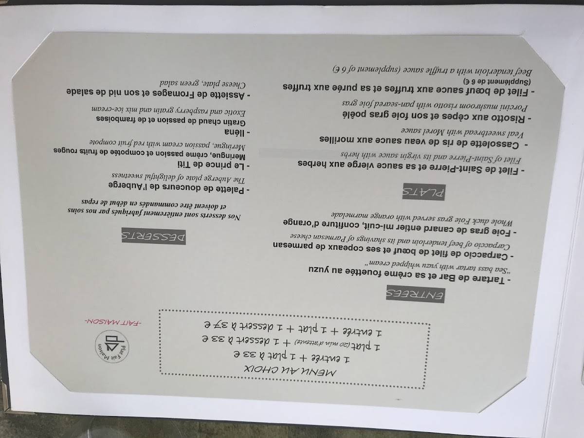 Menu de Auberge de la rode