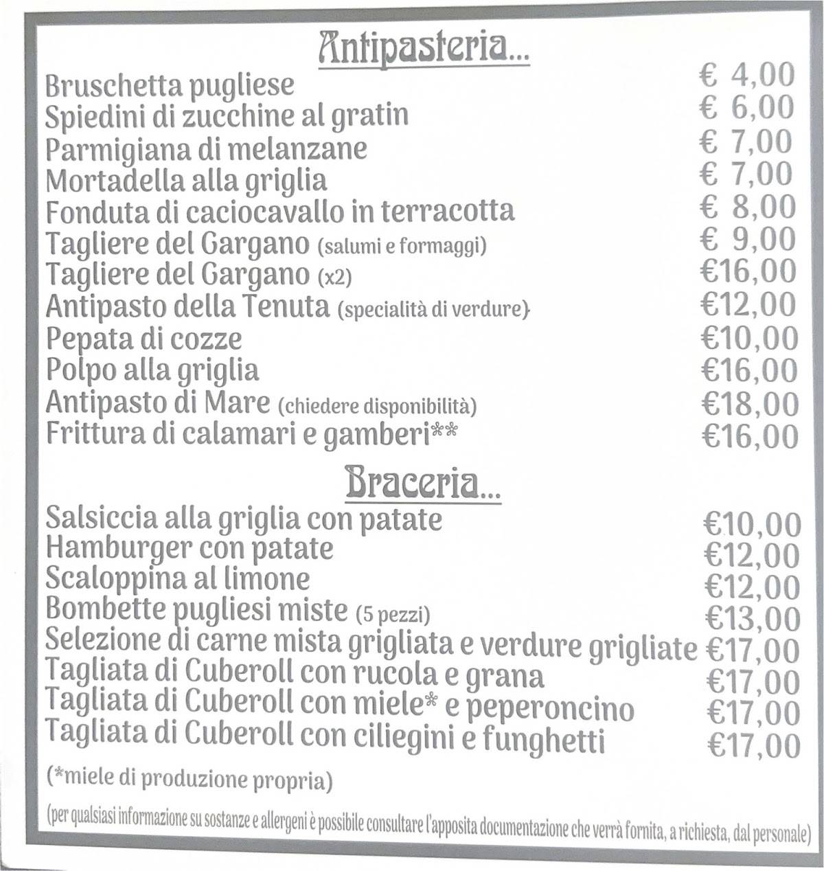Menu de Tenuta Rinaldi