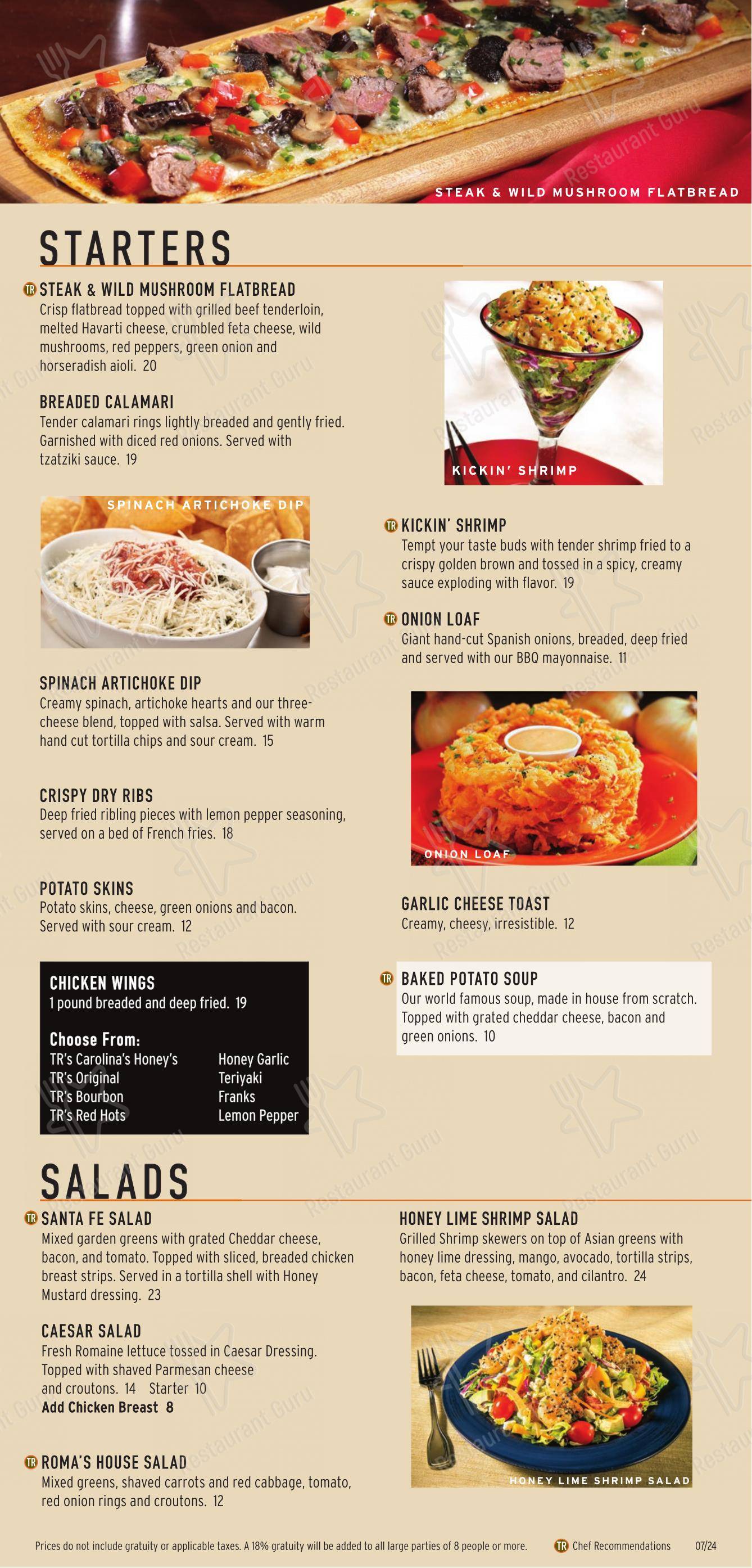 Menu bar pour Tony Roma's restaurant