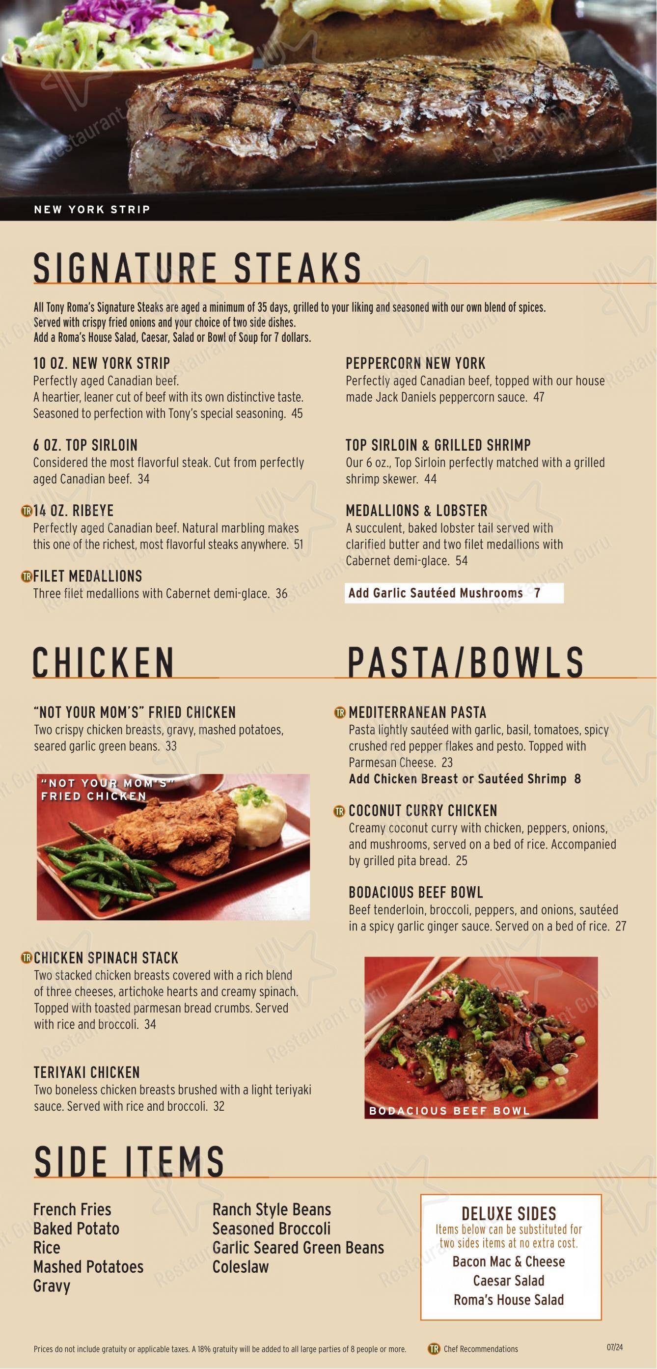 Menu pour Tony Roma's dans Winnipeg