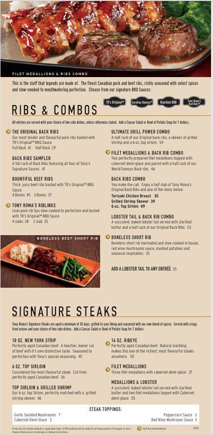 Menu de Tony Roma's