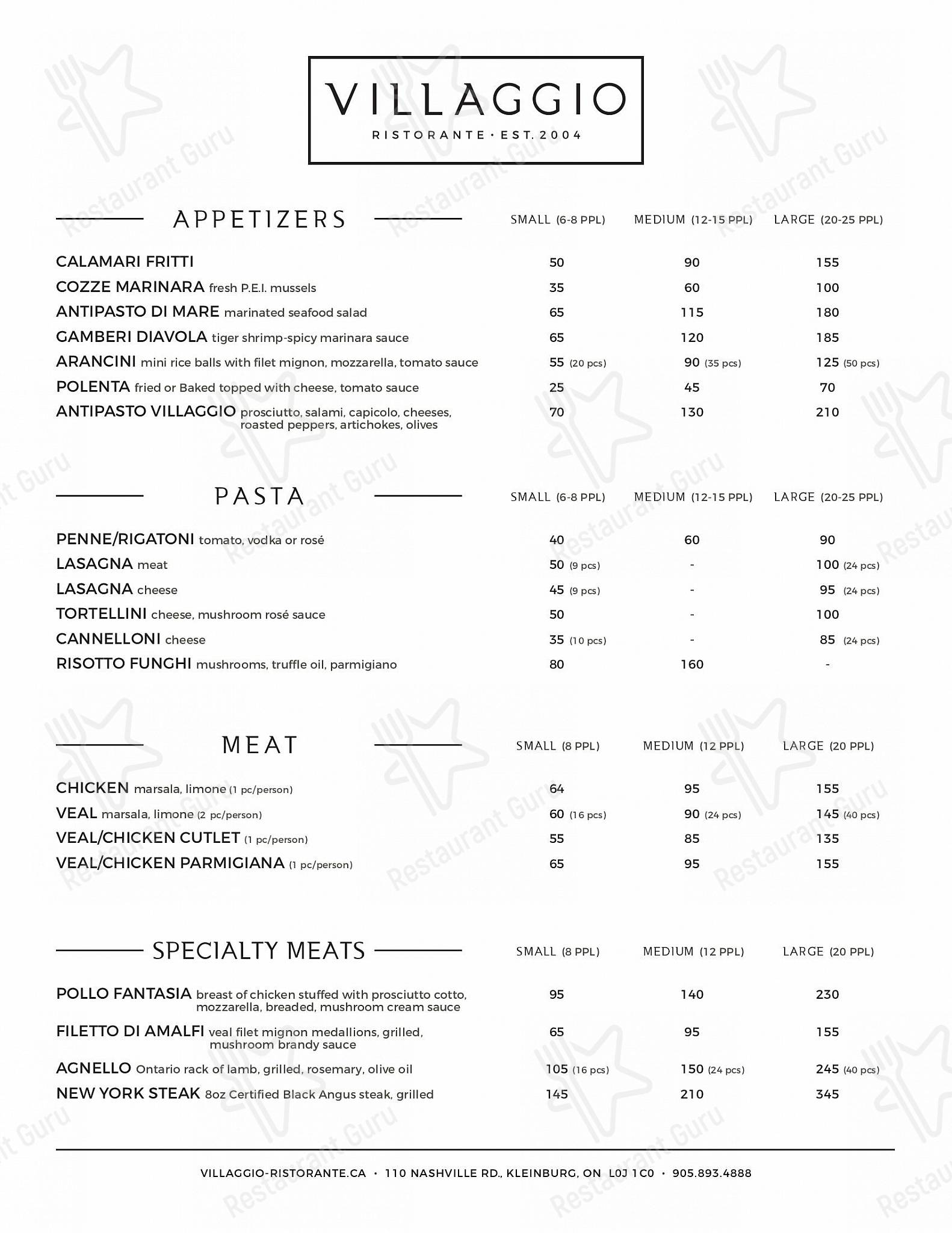 Menu pour Villaggio Ristorante - Dinner Menu