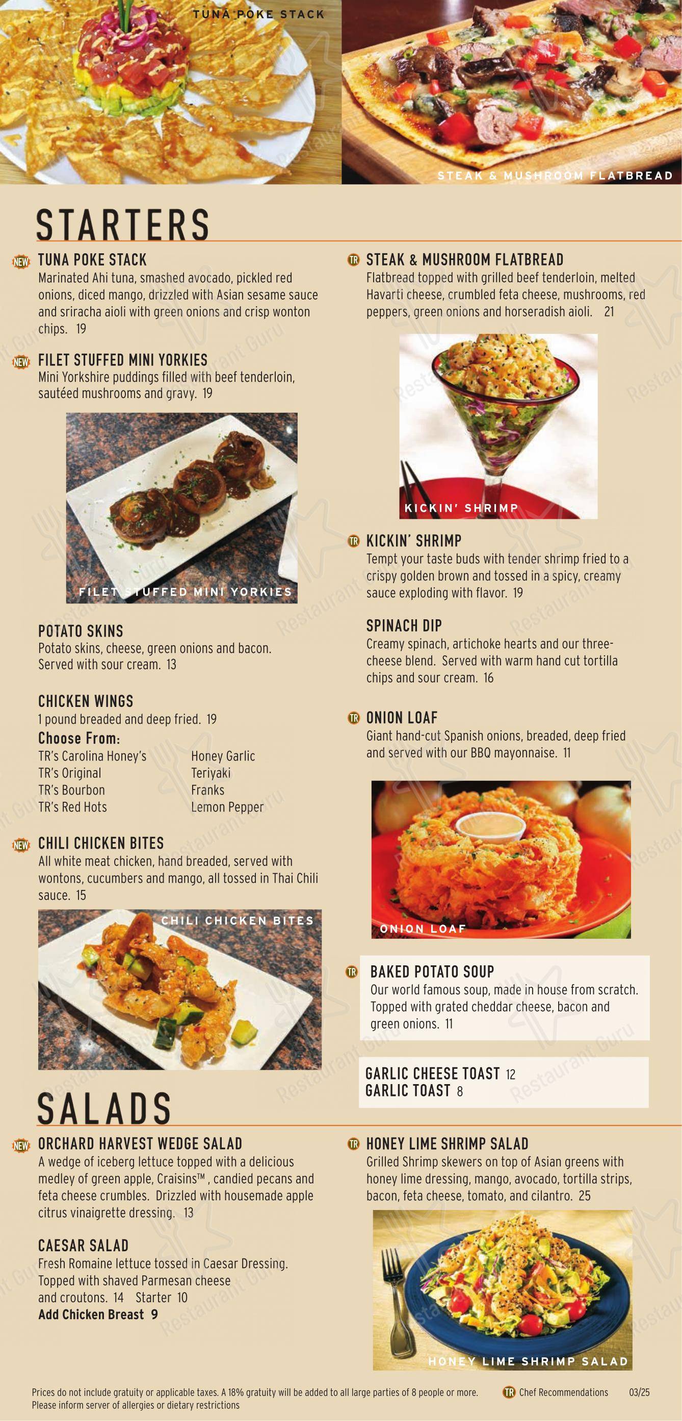 Menu pour Tony Roma's restaurant