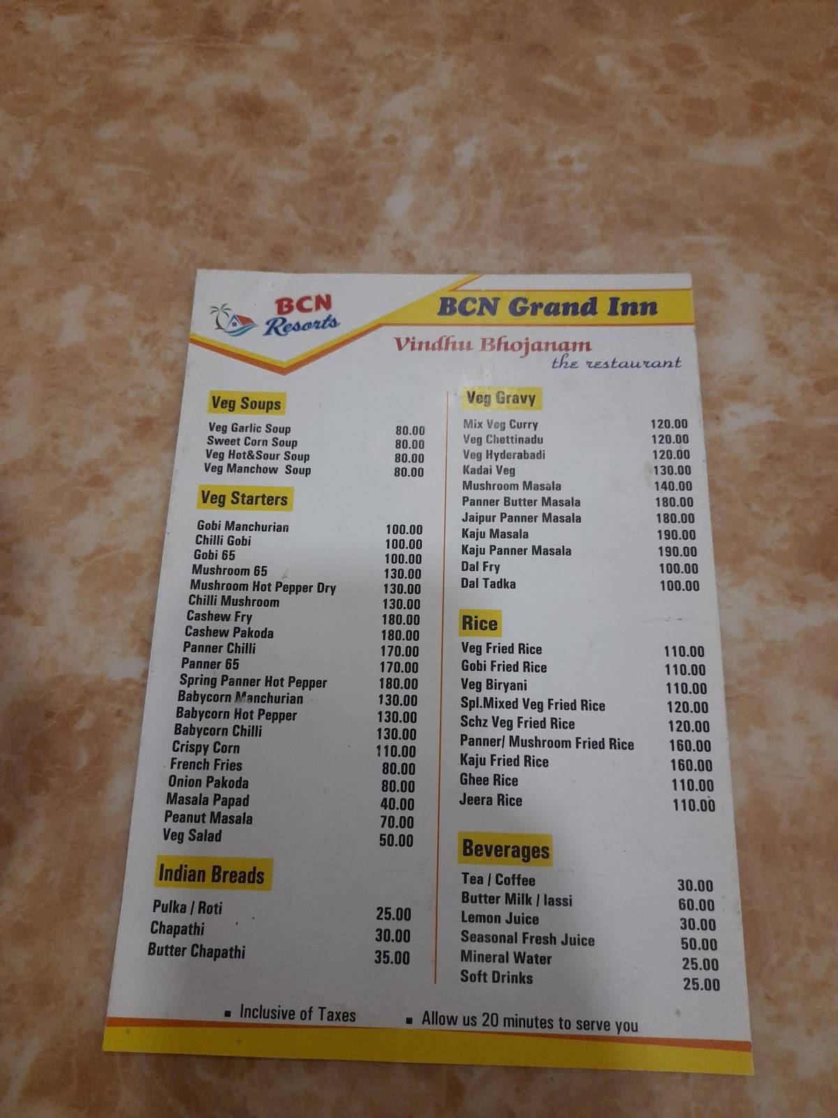BCN Resorts menu