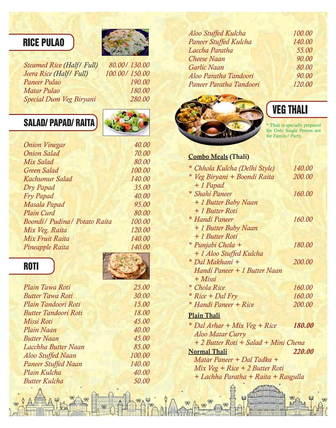 Hotel Rajasthani menu