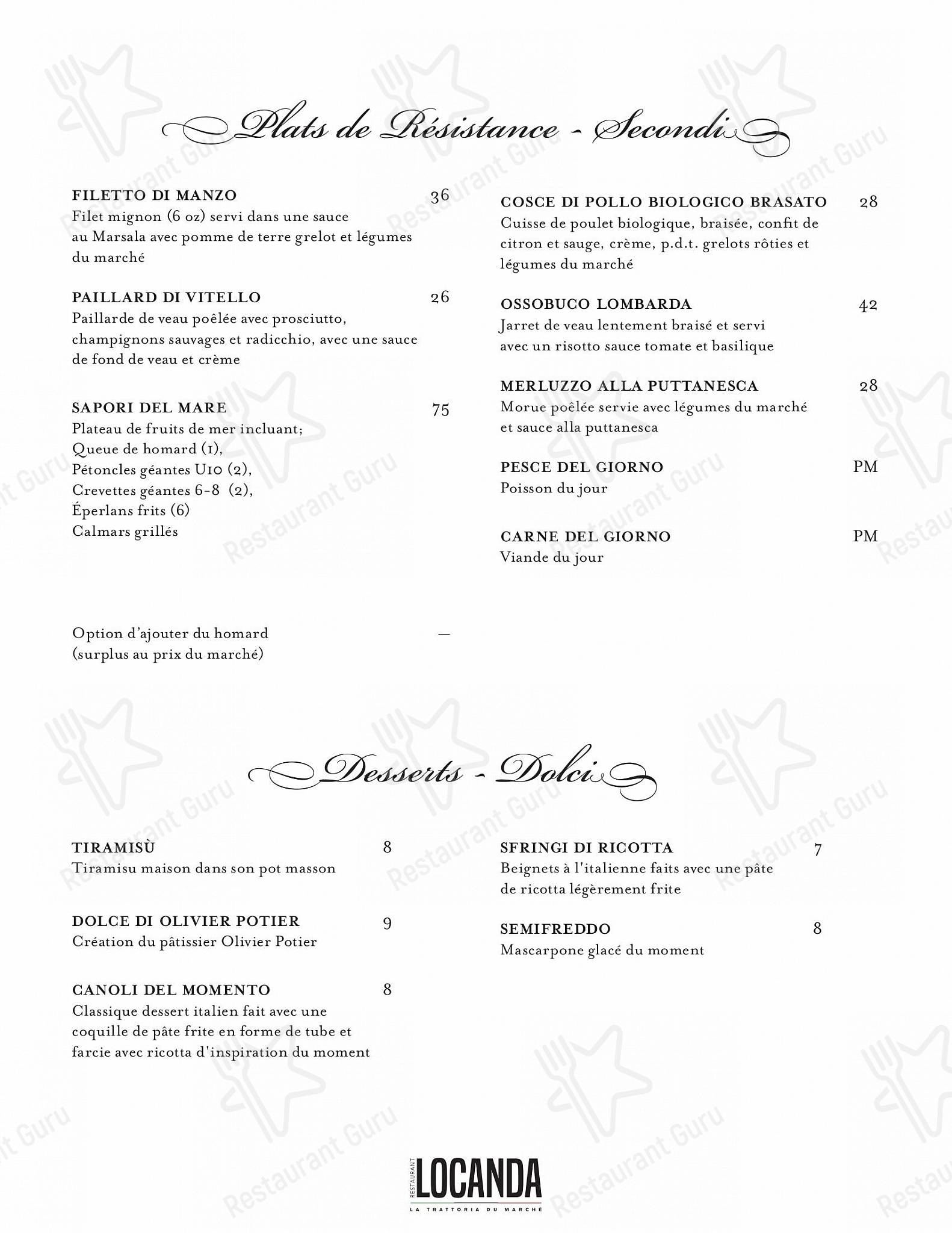 Restaurant Locanda dans Laval - Dinner Menu