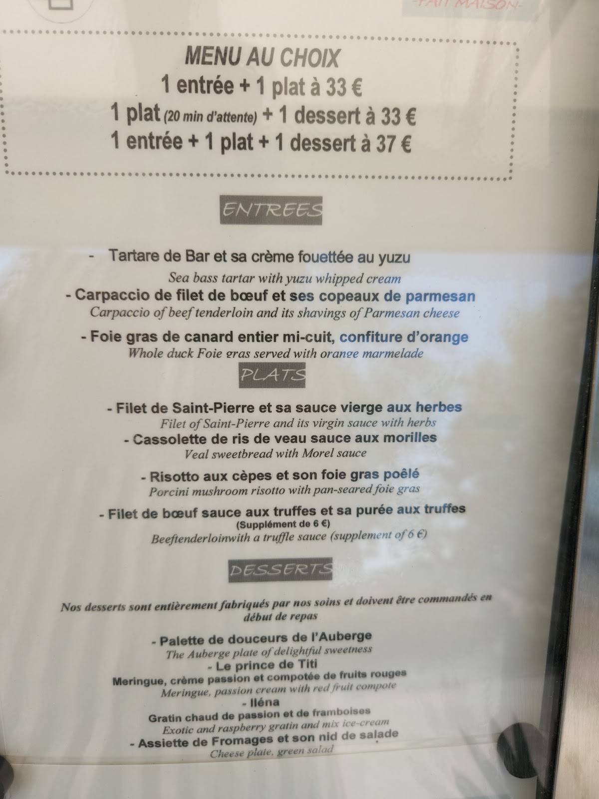 Menu de Auberge de la rode