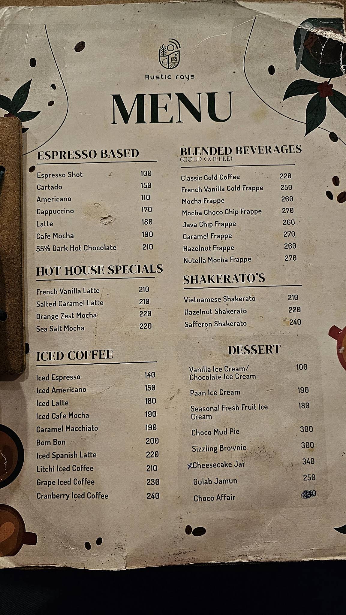 Rustic Rays menu