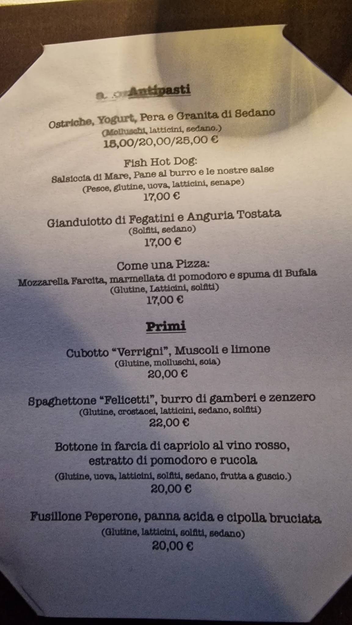 Menu de Fuori Rotta