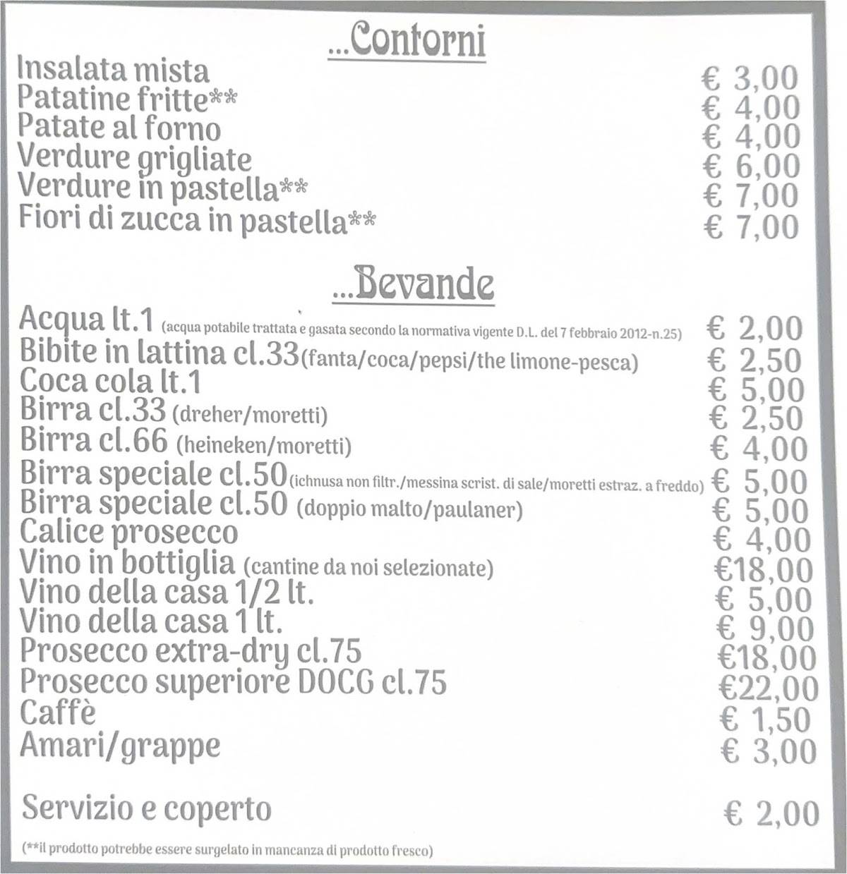 Menu de Tenuta Rinaldi