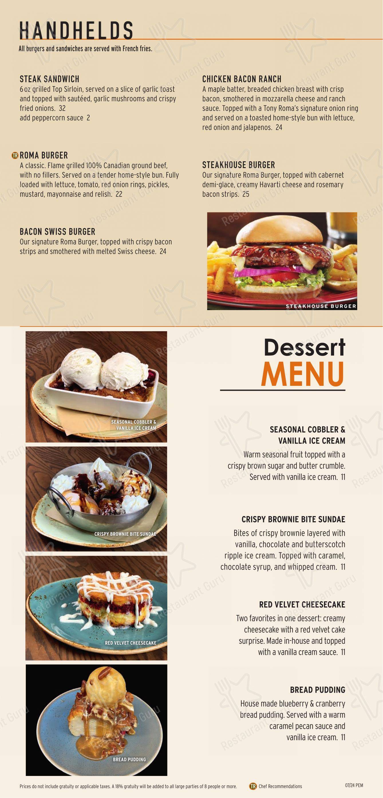 Menu pour Tony Roma's - Menu