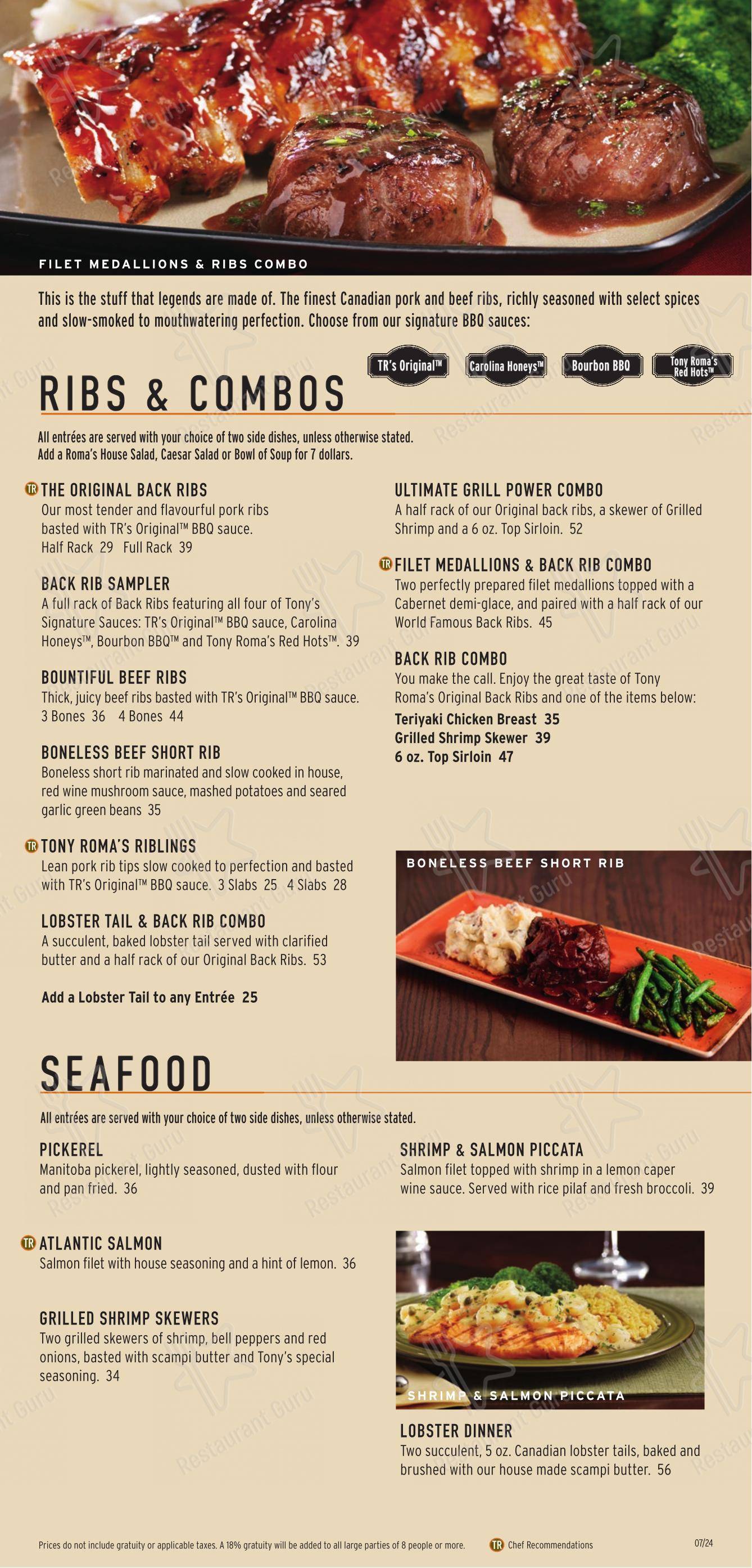 Menu bar pour Tony Roma's dans Winnipeg