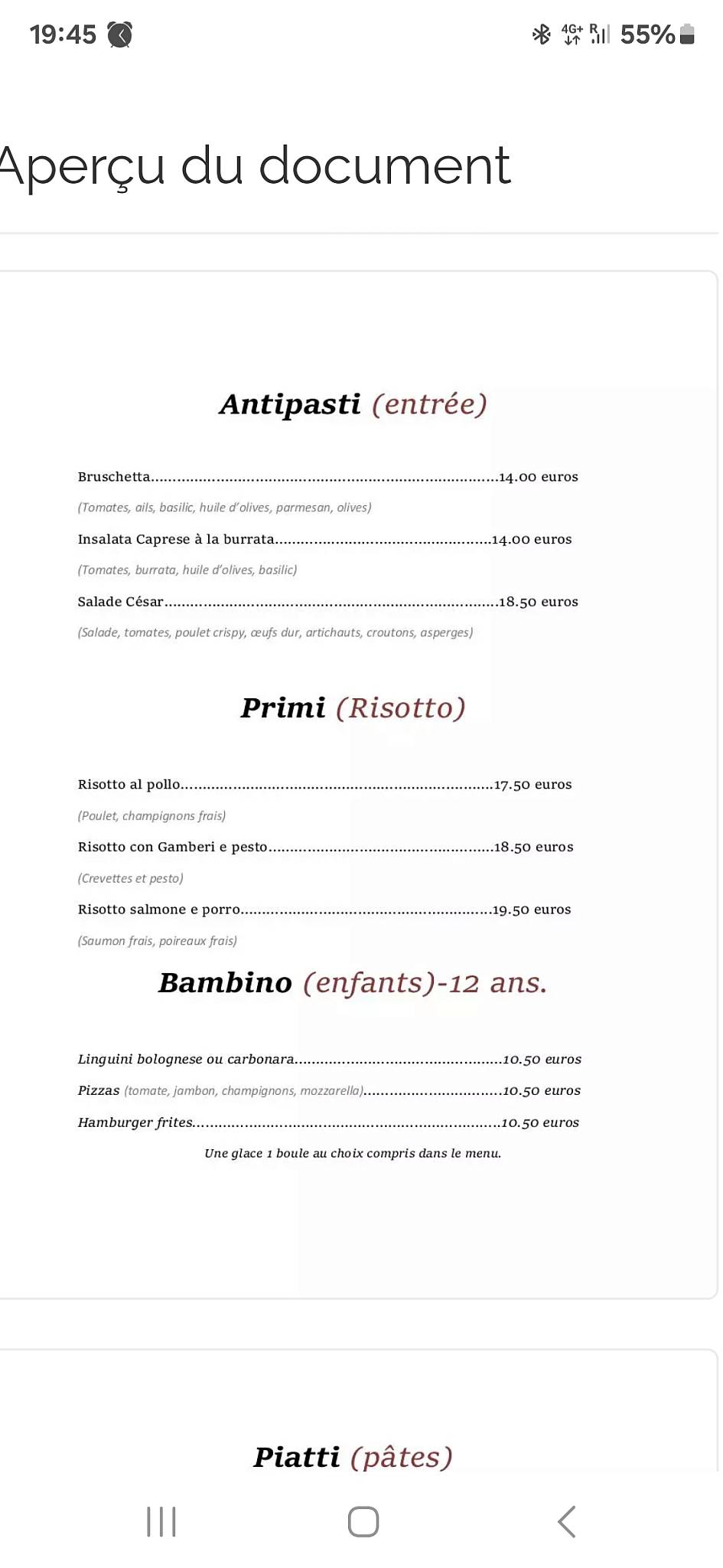 Menu de Via Roma Colmar