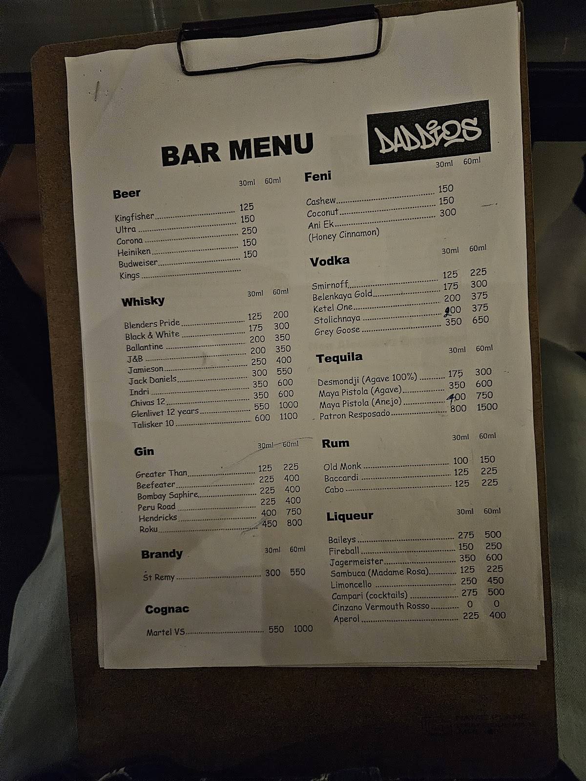 Daddios menu