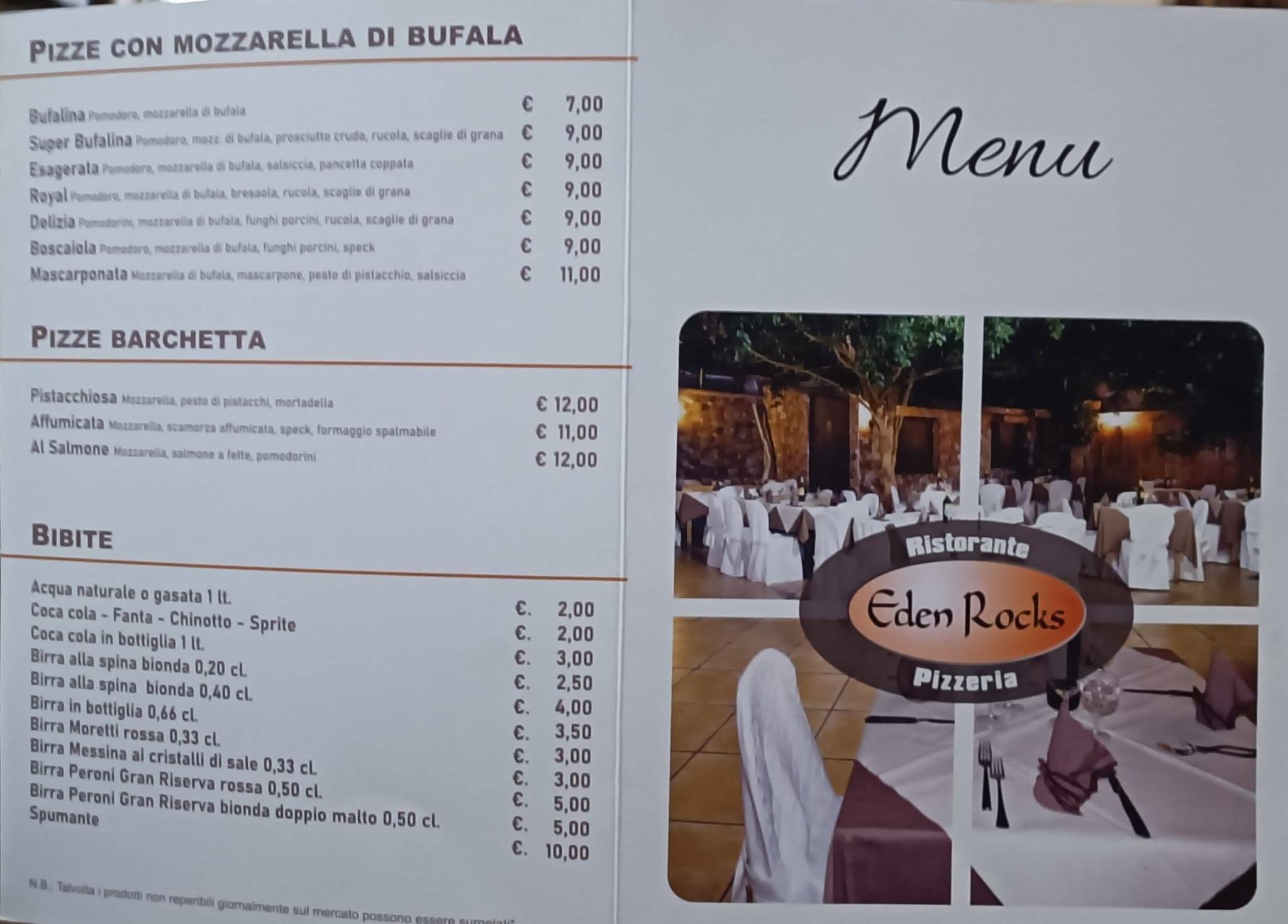 Menu di Eden Rocks 