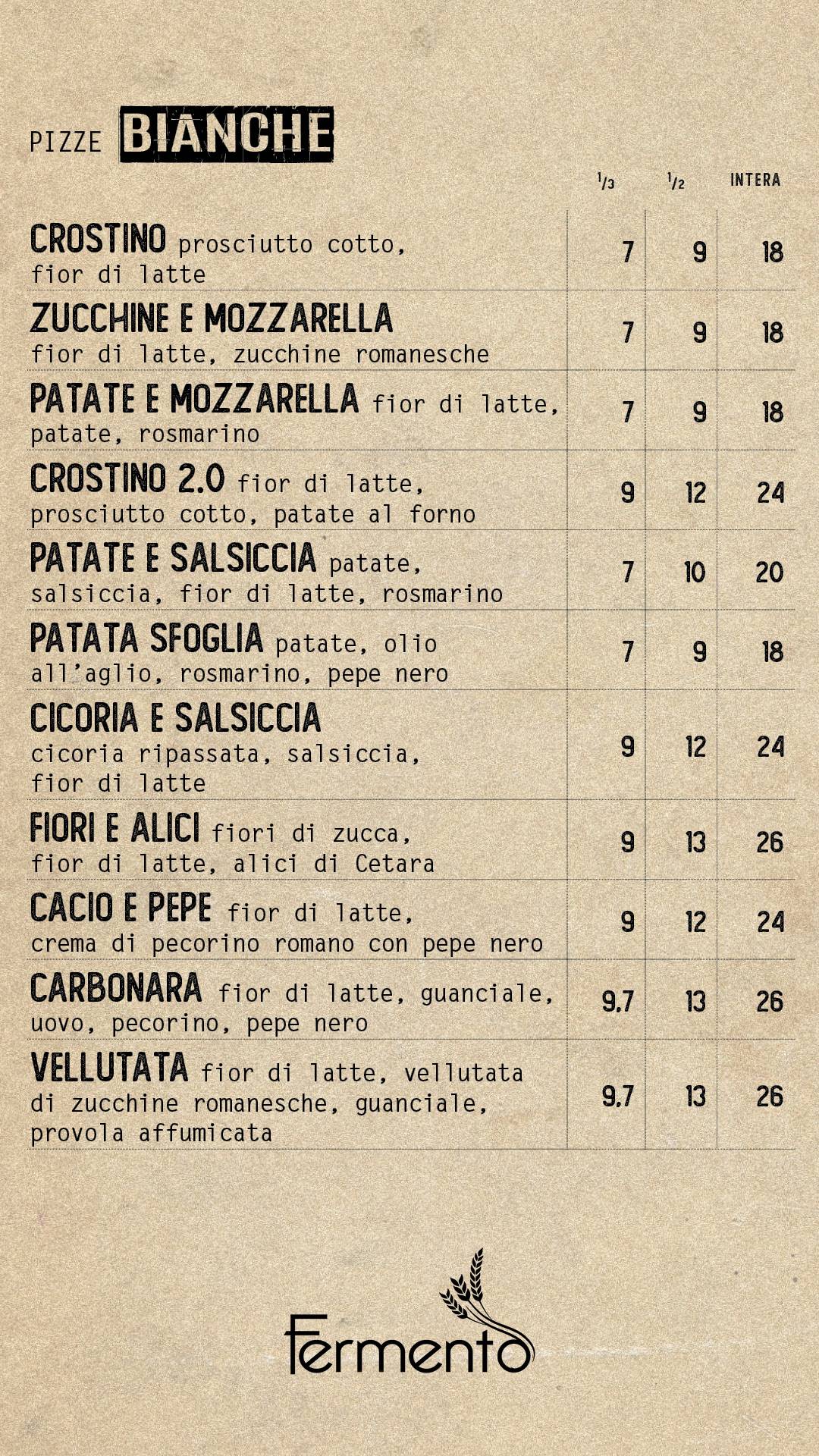 Menu di Fermento Roma 