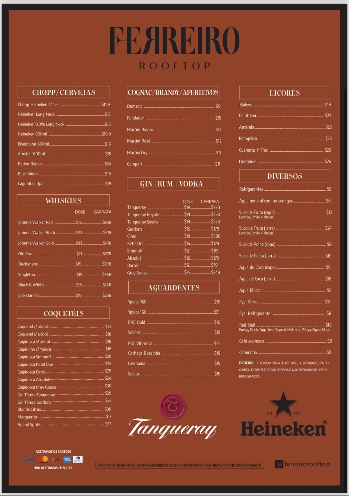 Ferreiro Rooftop cardápio