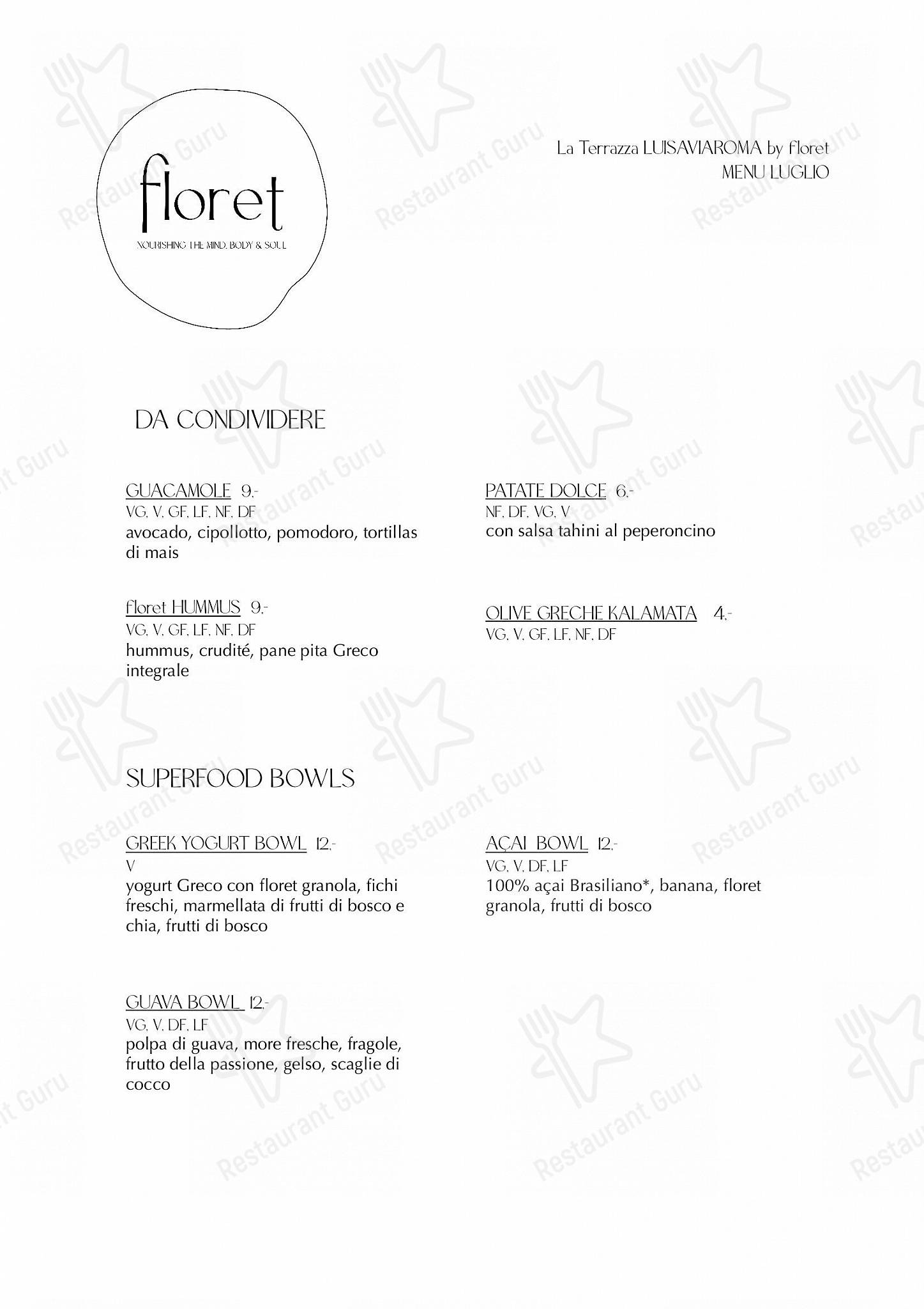 Menu pour floret Artisan Kitchen & Bar dans Florence