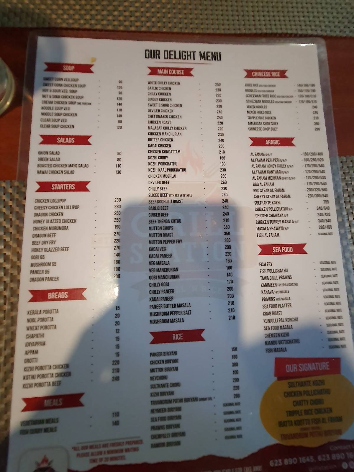 De Grill Station Pothencode menu