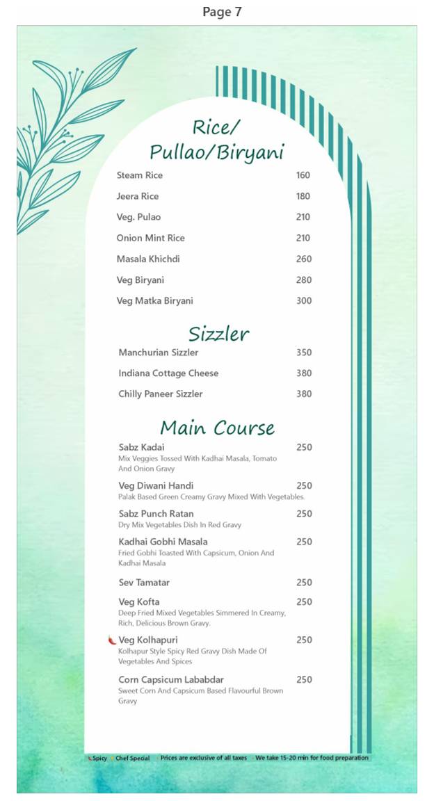 R R Greens Pool & Restaurant menu