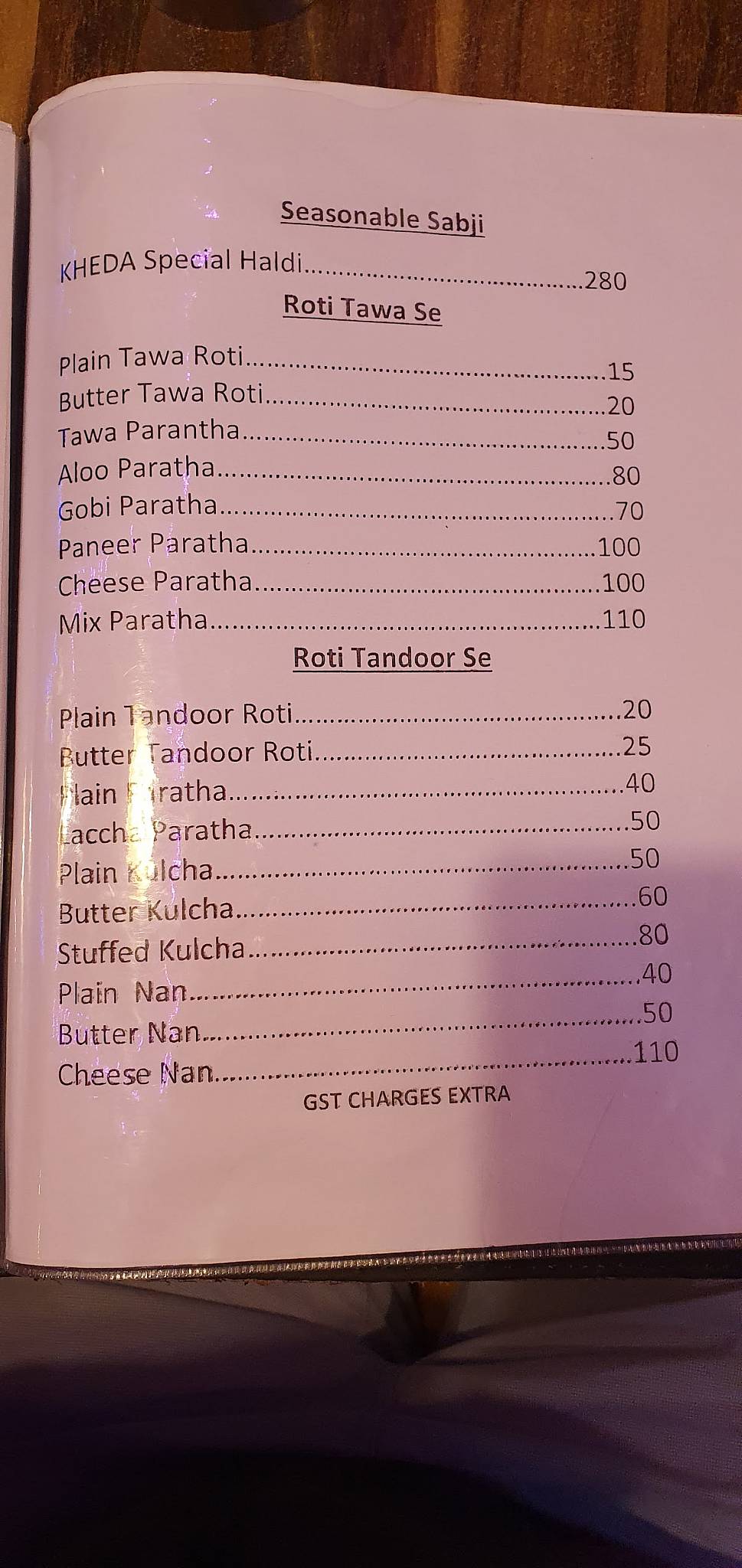 Kheda Rooftop Restaurant menu