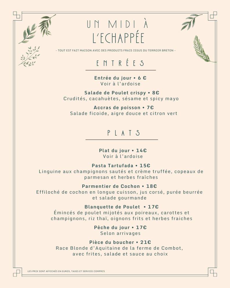 Menu de L'Echappée