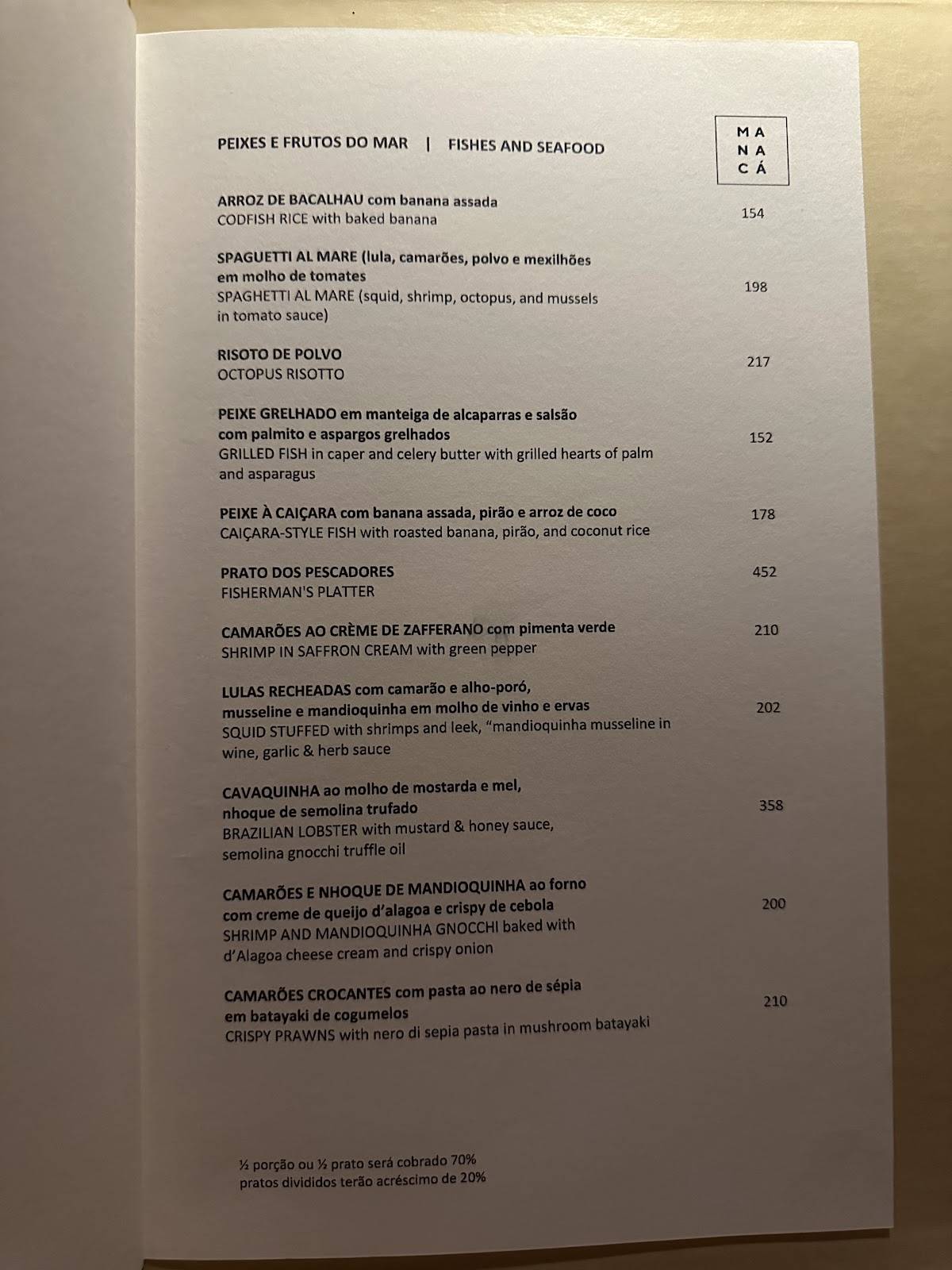 Manacá Restaurante cardápio