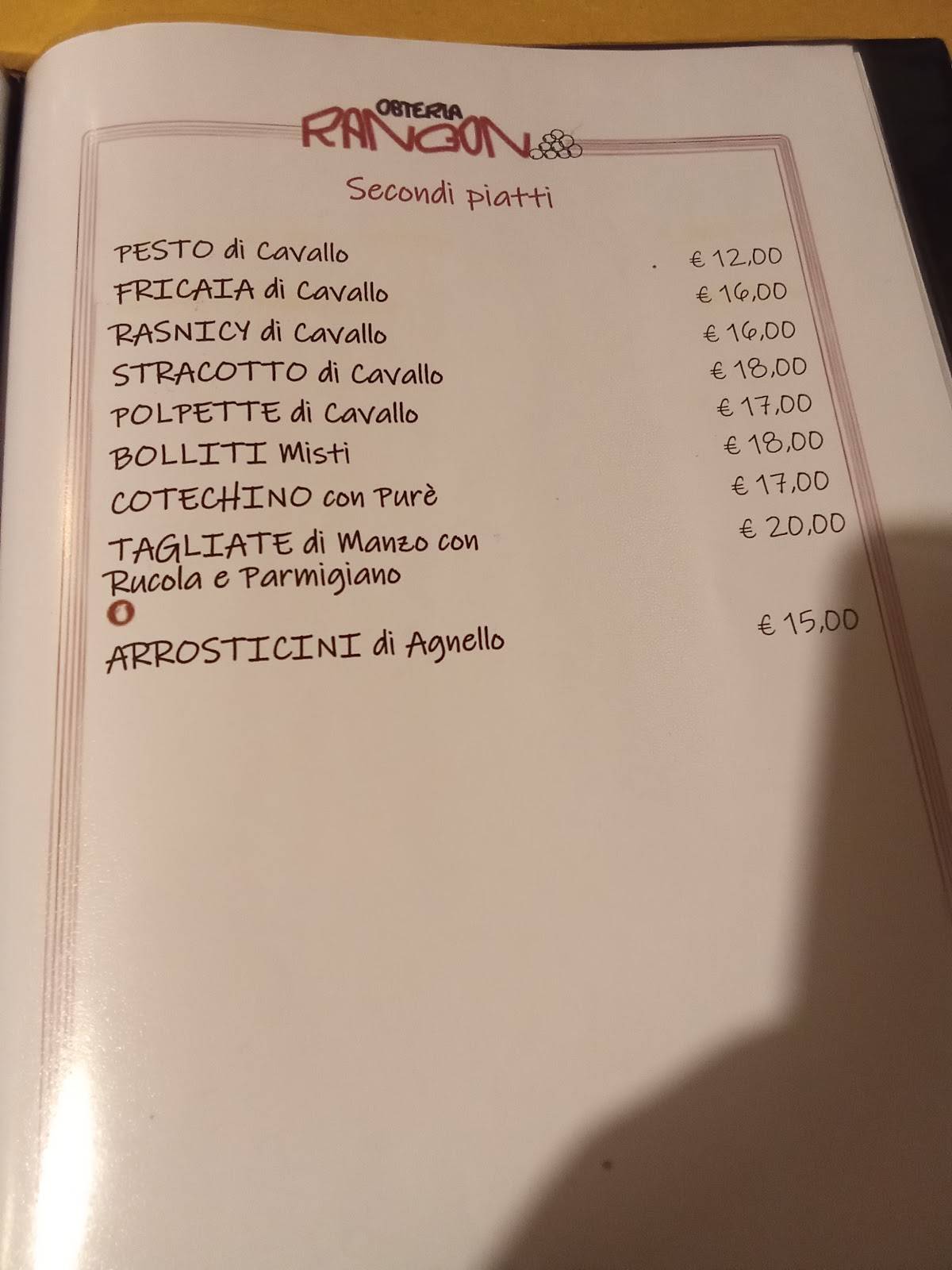 Menu di Osteria Rangon 