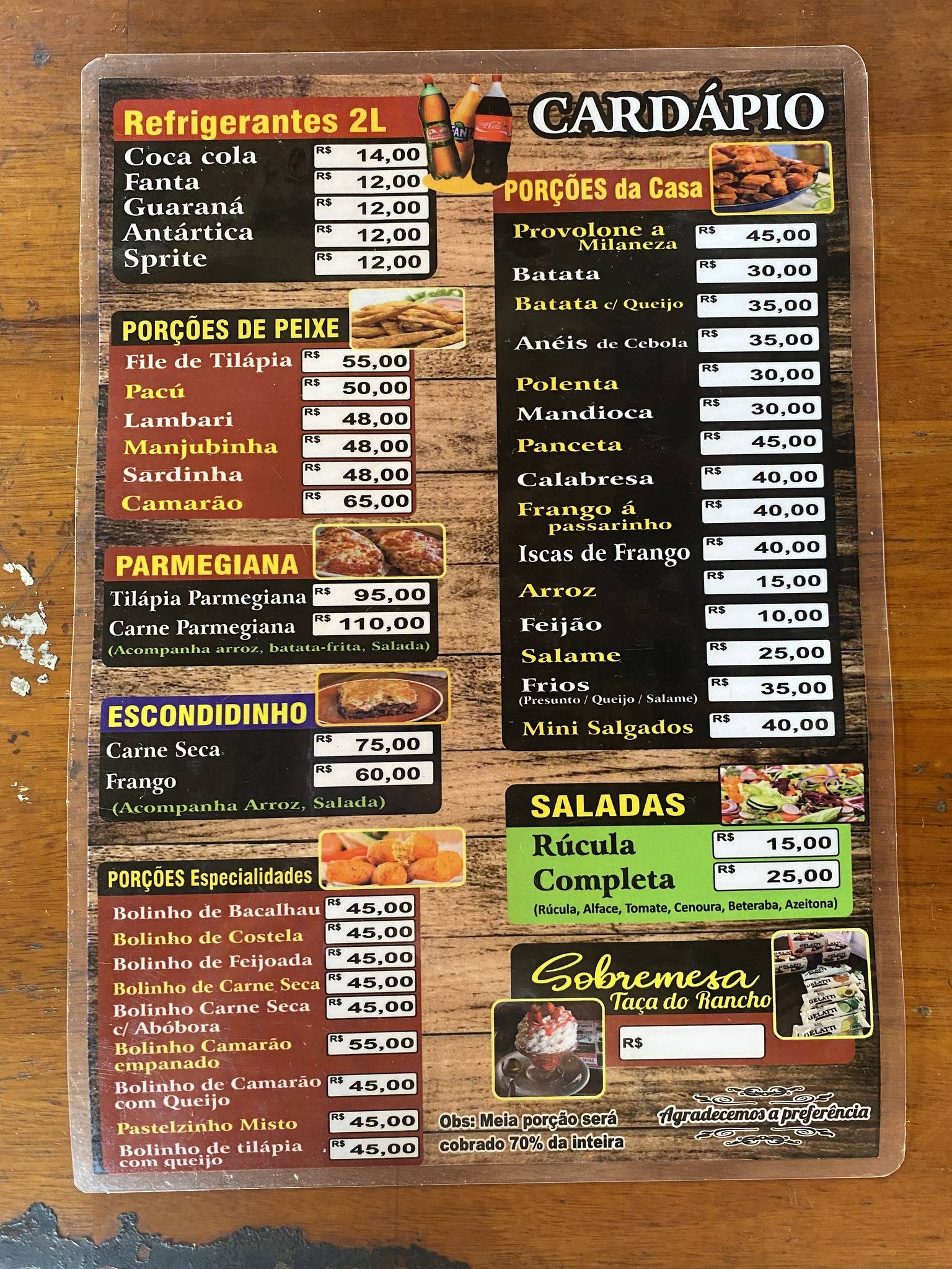 Pesqueiro Rancho Bil cardápio