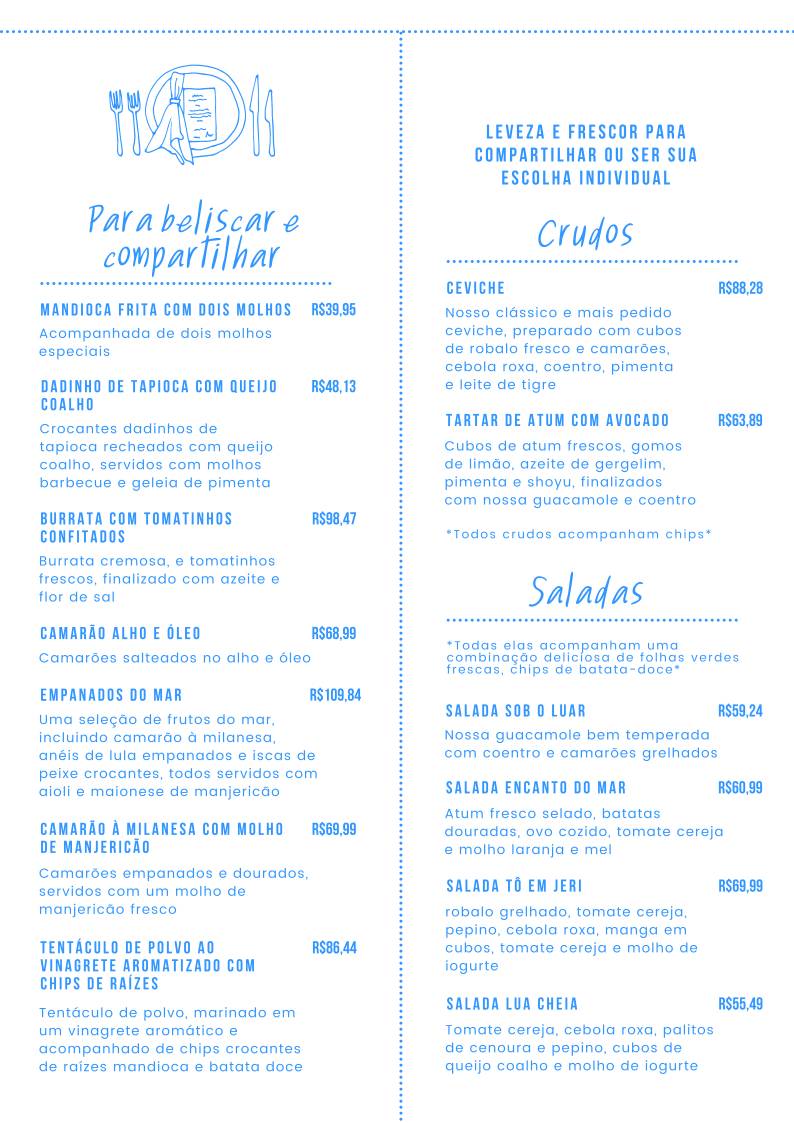 Rústico e Acústico cardápio